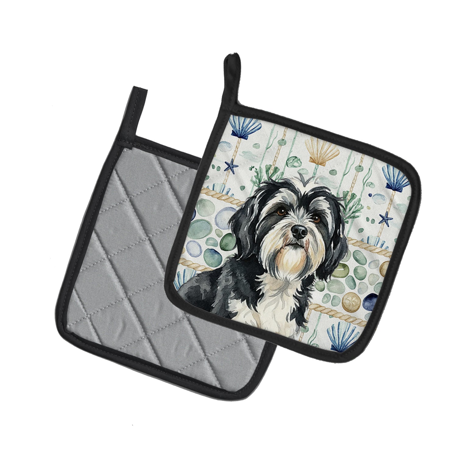 Caroline's Treasures Black and White Tibetan Terrier Coastal Sea Glass Pair of Pot Holders