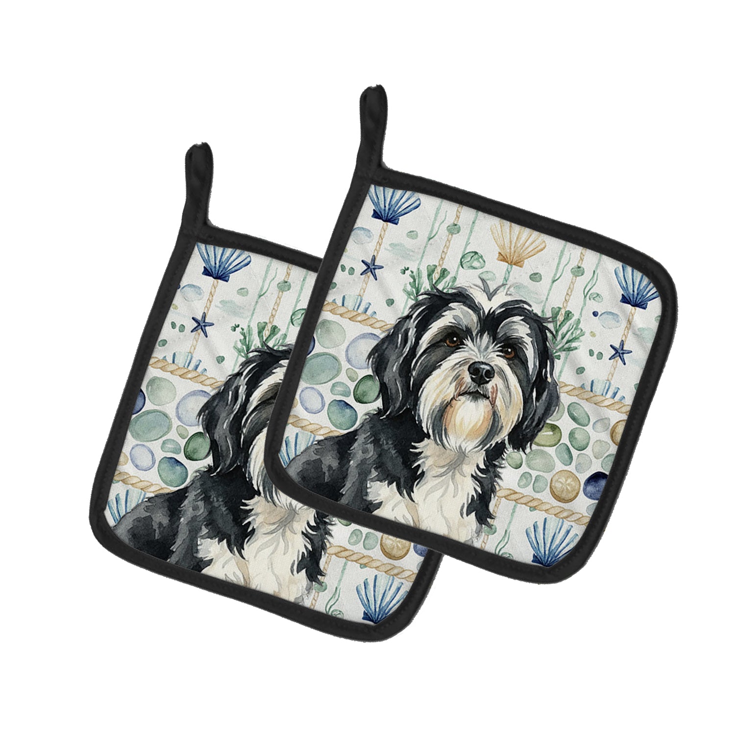 Caroline's Treasures Black and White Tibetan Terrier Coastal Sea Glass Pair of Pot Holders