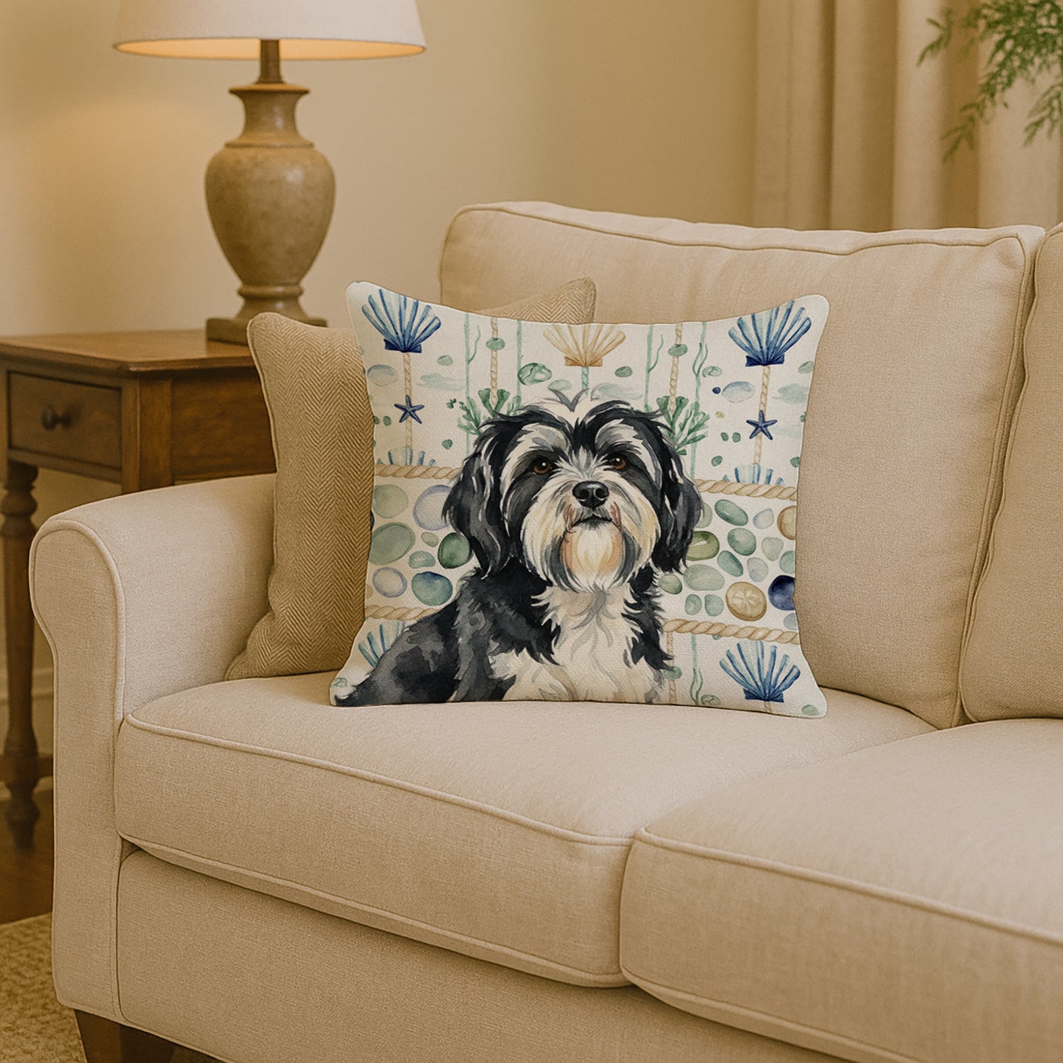 Caroline's Treasures Black and White Tibetan Terrier Coastal Sea Glass Throw Pillow