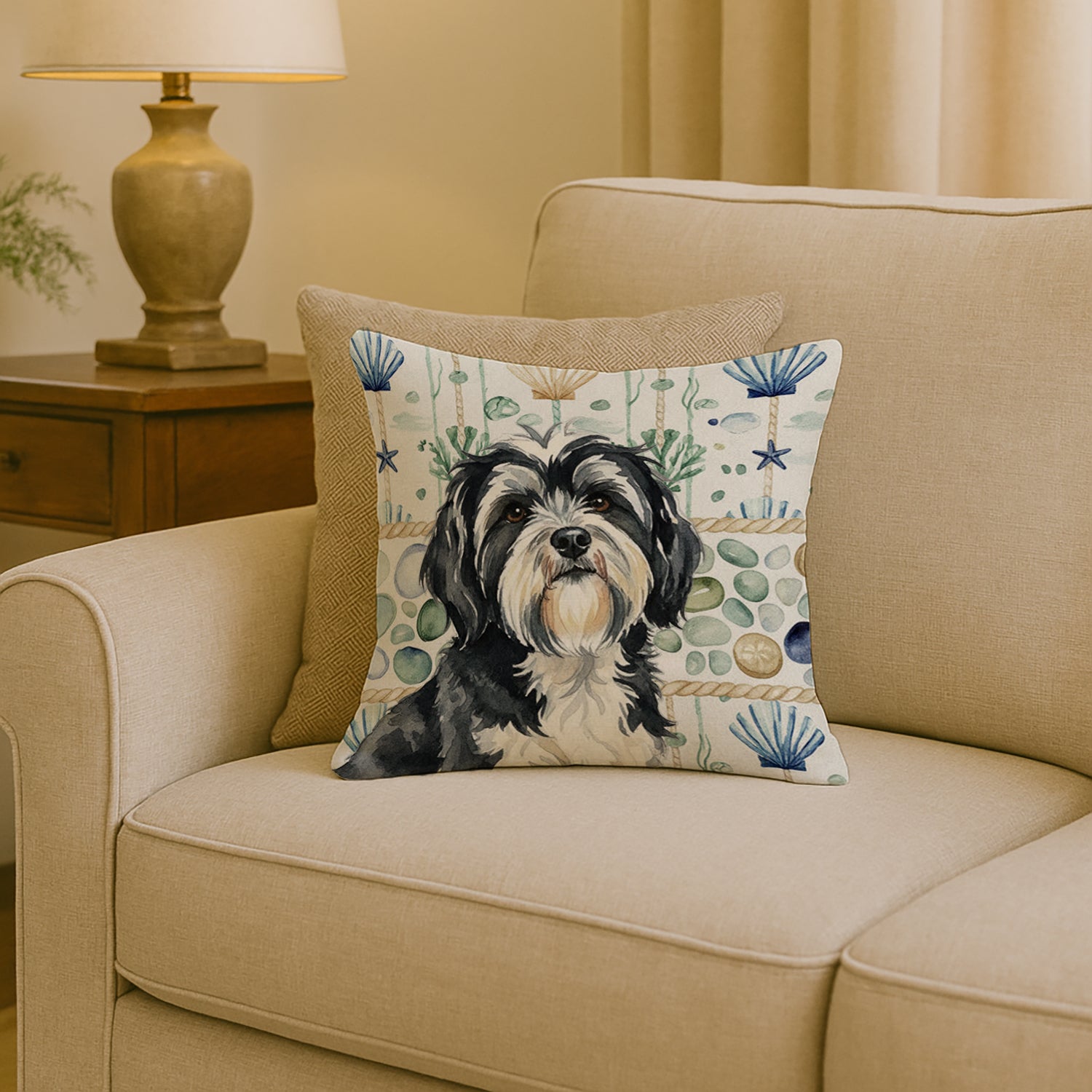 Caroline's Treasures Black and White Tibetan Terrier Coastal Sea Glass Throw Pillow