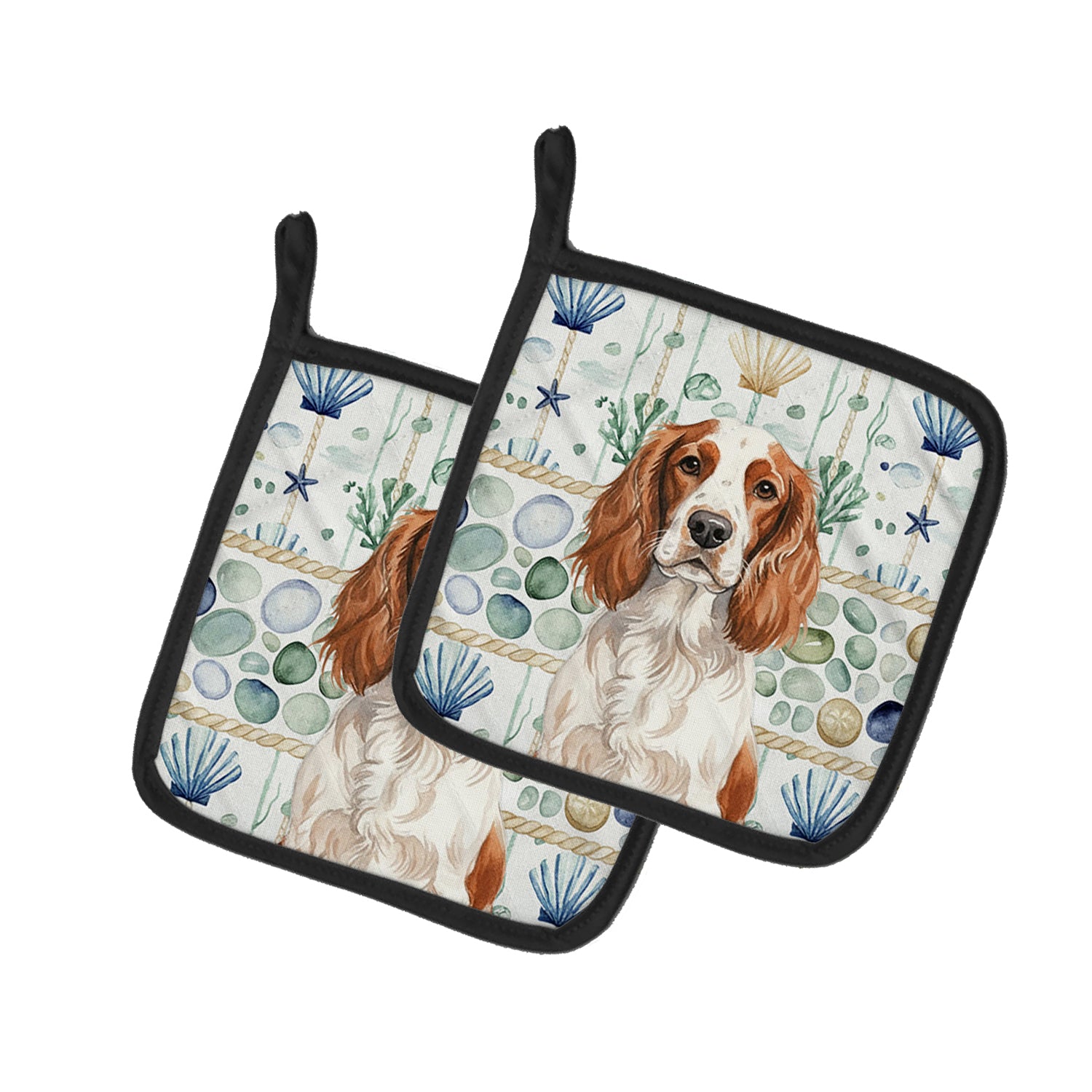 Caroline's Treasures Welsh Springer Spaniel Coastal Sea Glass Pair of Pot Holders