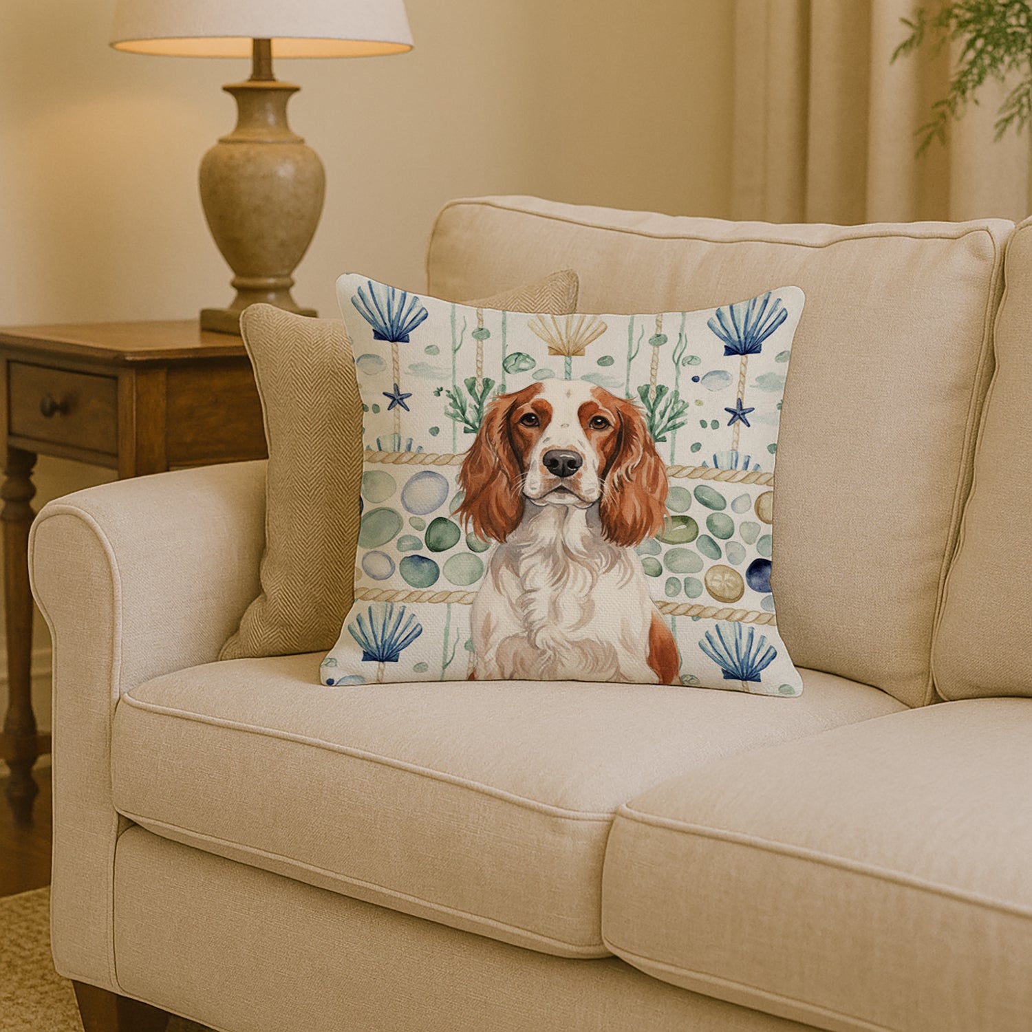 Caroline's Treasures Welsh Springer Spaniel Coastal Sea Glass Throw Pillow
