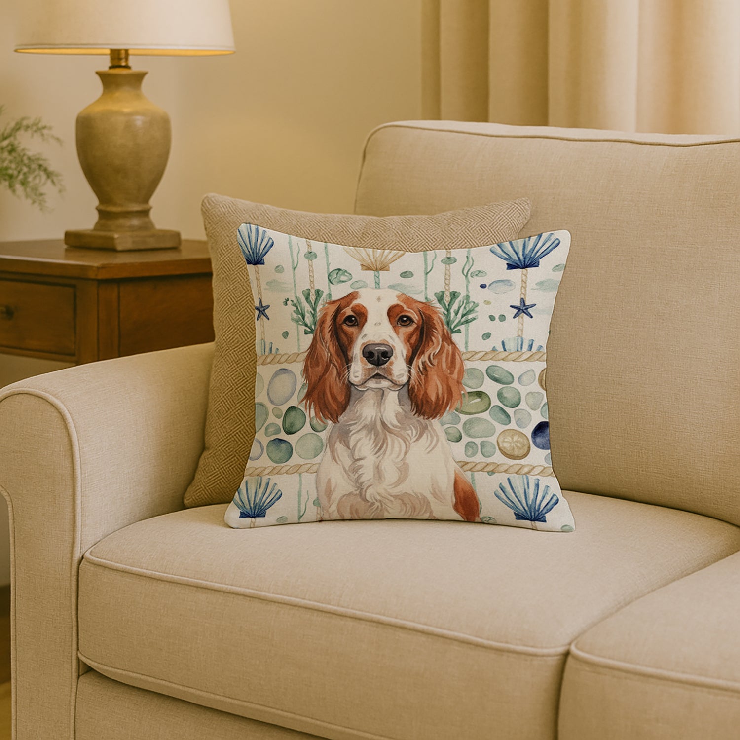 Caroline's Treasures Welsh Springer Spaniel Coastal Sea Glass Throw Pillow
