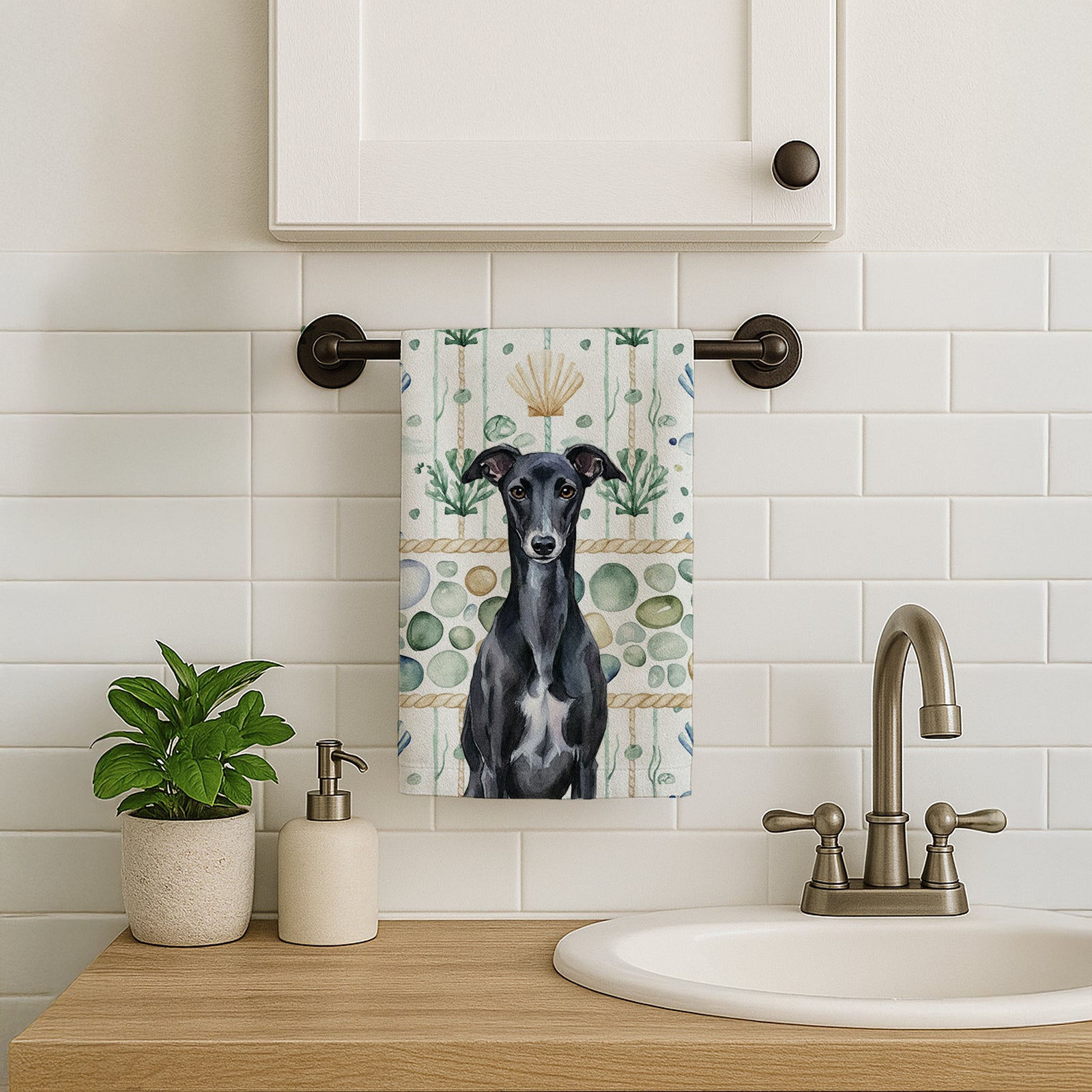Caroline's Treasures Black Whippet Coastal Sea Glass Kitchen Towel
