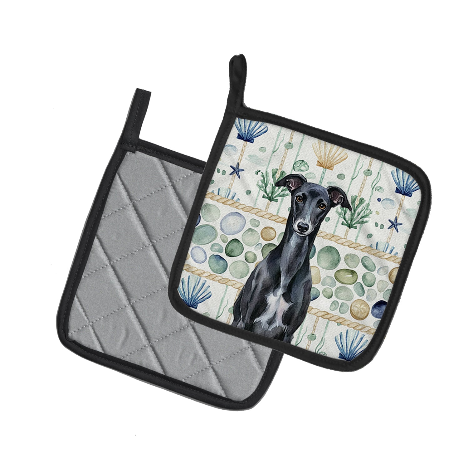 Caroline's Treasures Black Whippet Coastal Sea Glass Pair of Pot Holders