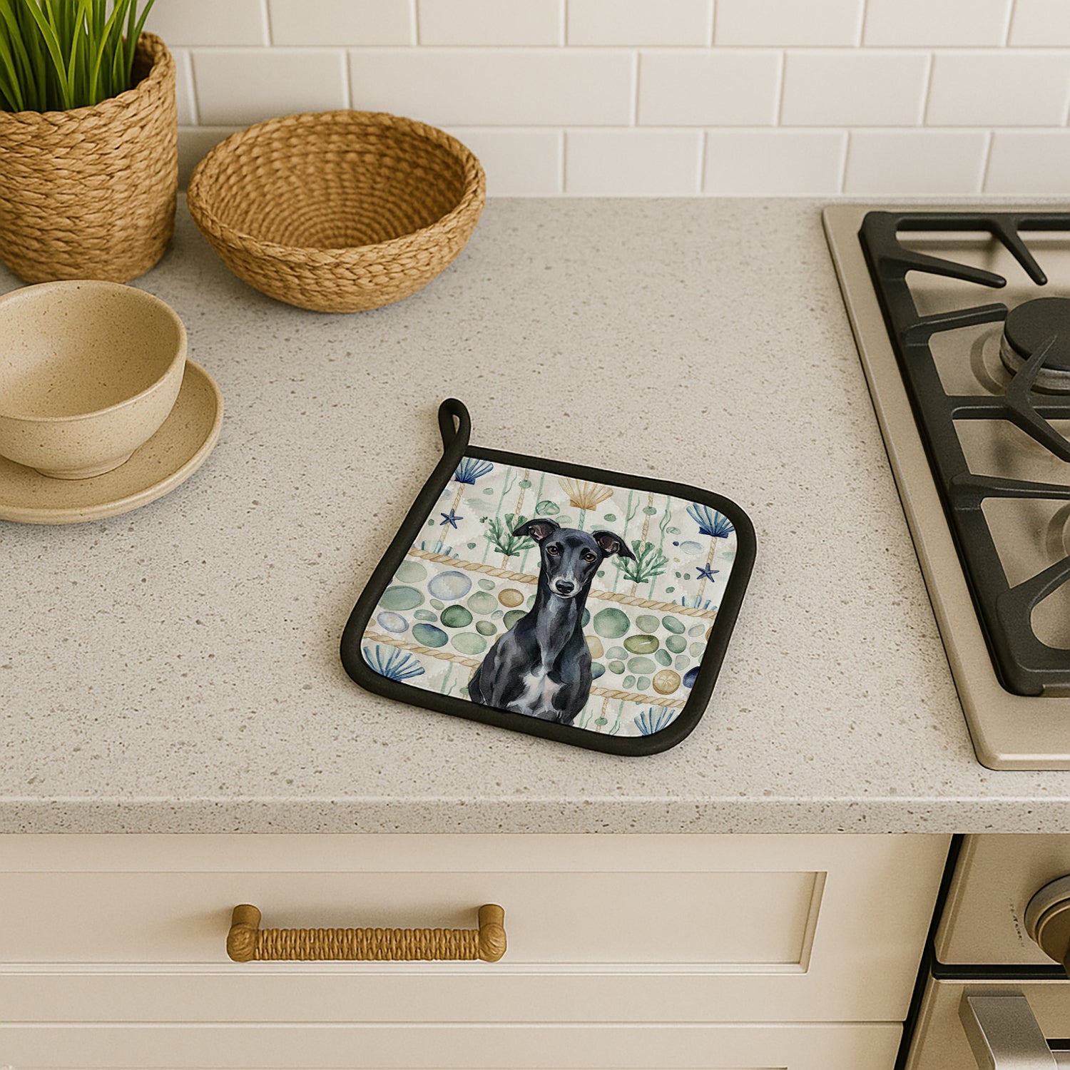 Caroline's Treasures Black Whippet Coastal Sea Glass Pair of Pot Holders