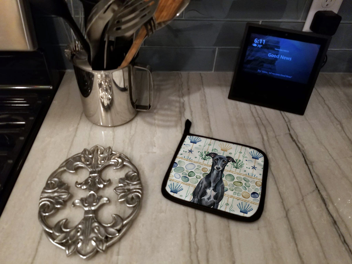 Caroline's Treasures Black Whippet Coastal Sea Glass Pair of Pot Holders