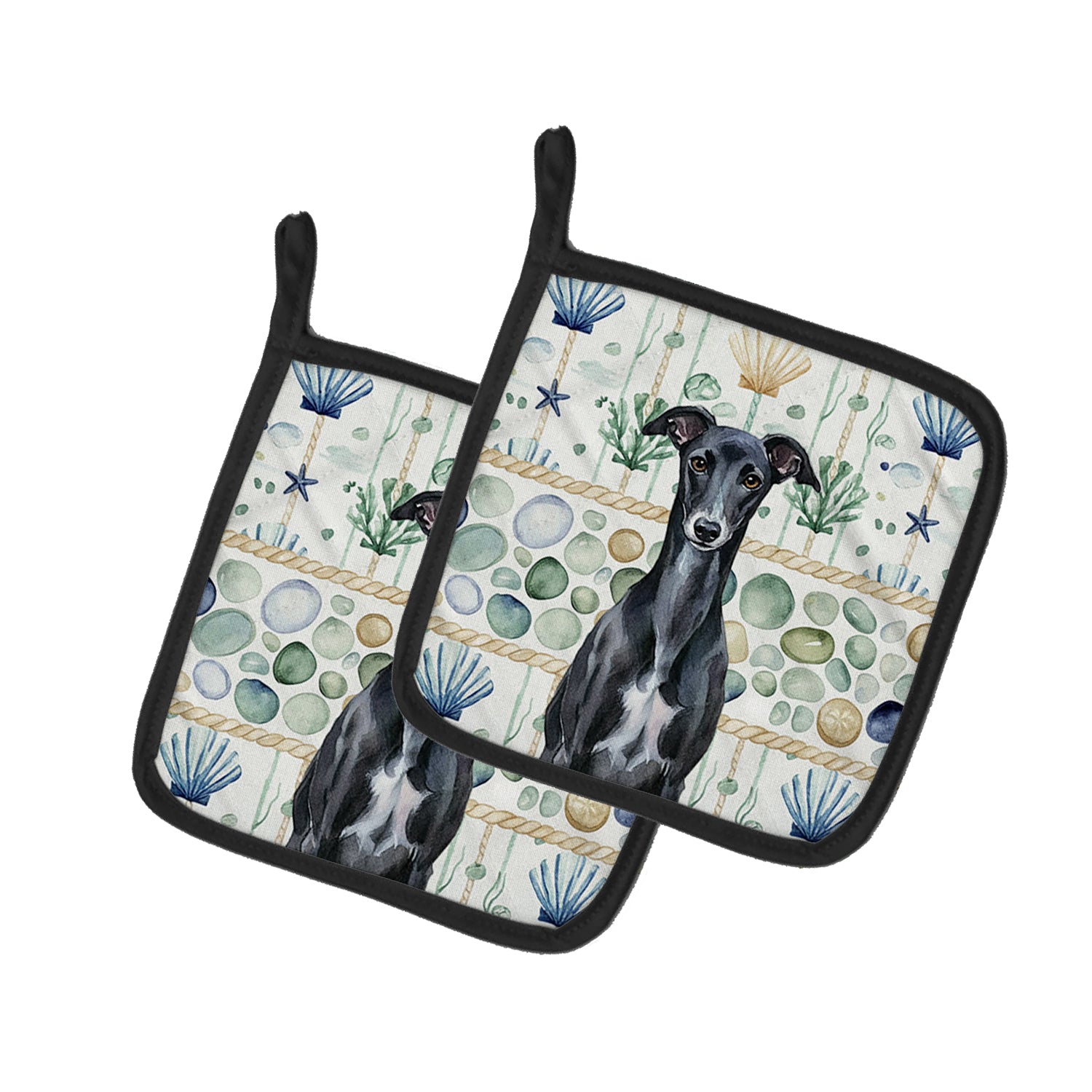 Caroline's Treasures Black Whippet Coastal Sea Glass Pair of Pot Holders