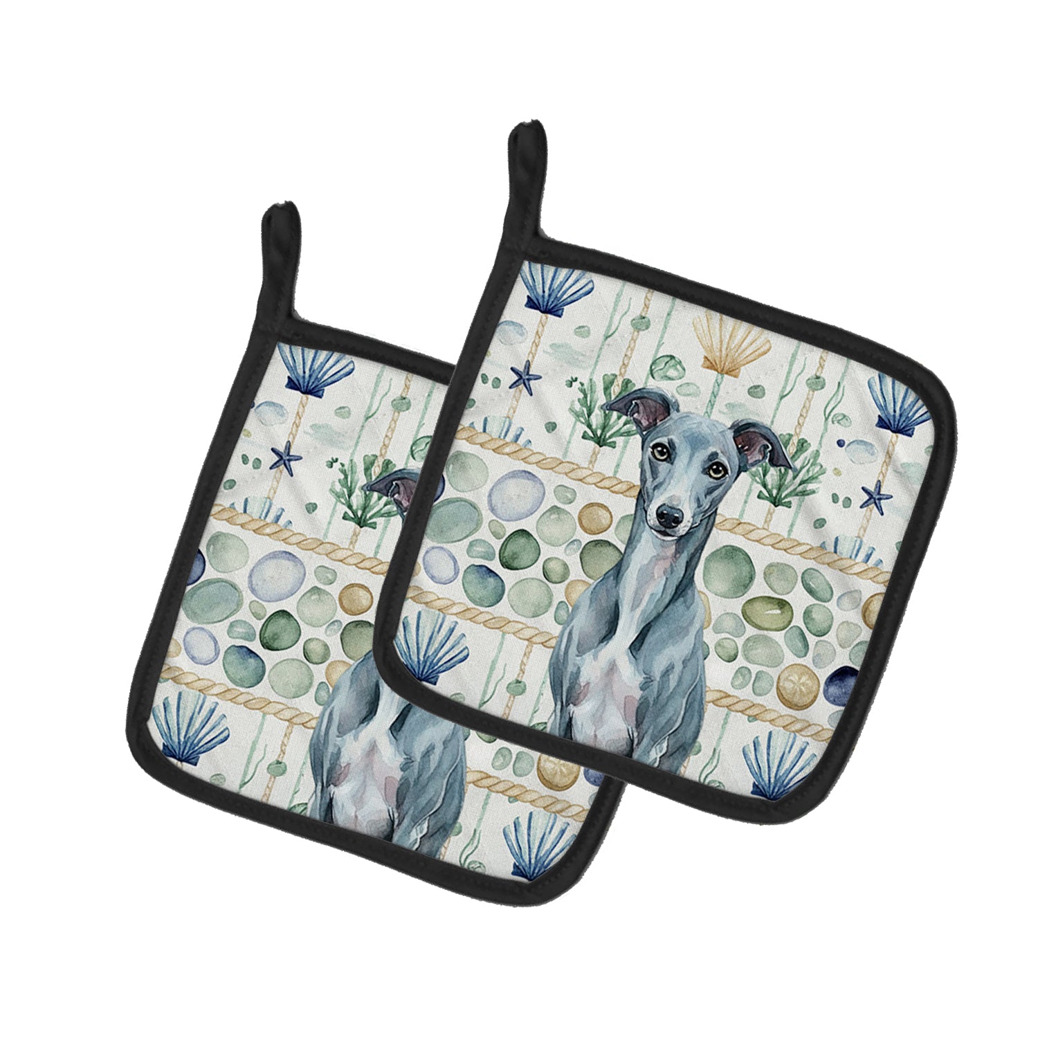 Caroline's Treasures Blue Whippet Coastal Sea Glass Pair of Pot Holders