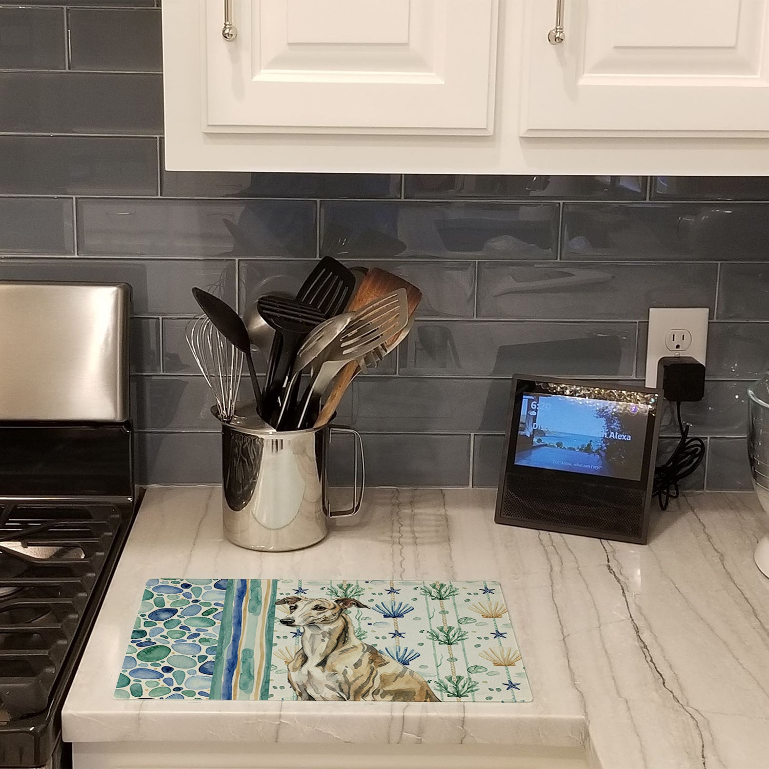 Caroline's Treasures Brindle Whippet Coastal Sea Glass Glass Cutting Board