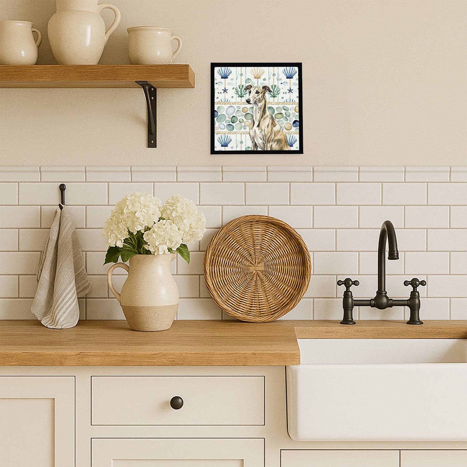 Caroline's Treasures Brindle Whippet Coastal Sea Glass Framed Metal Print