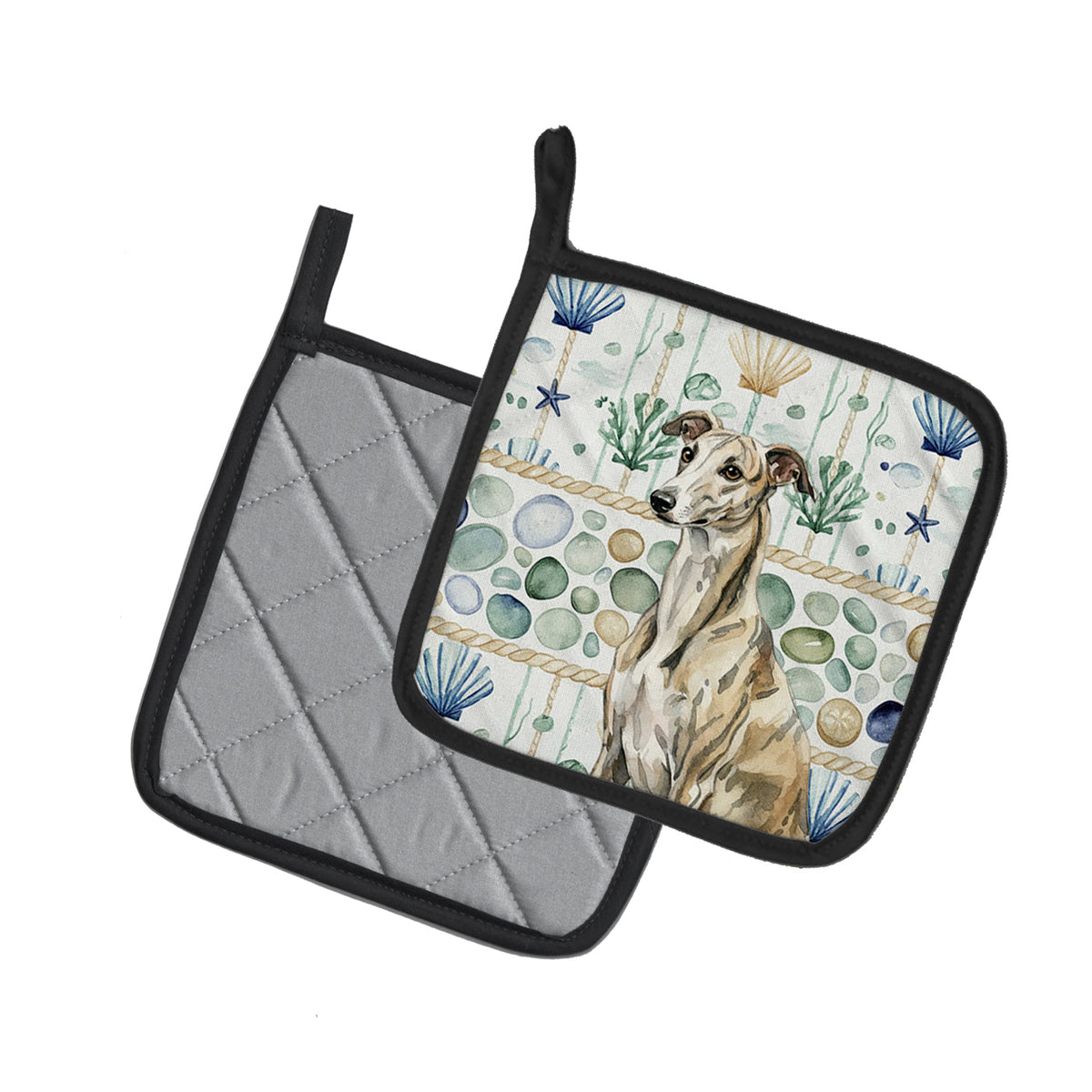 Caroline's Treasures Brindle Whippet Coastal Sea Glass Pair of Pot Holders