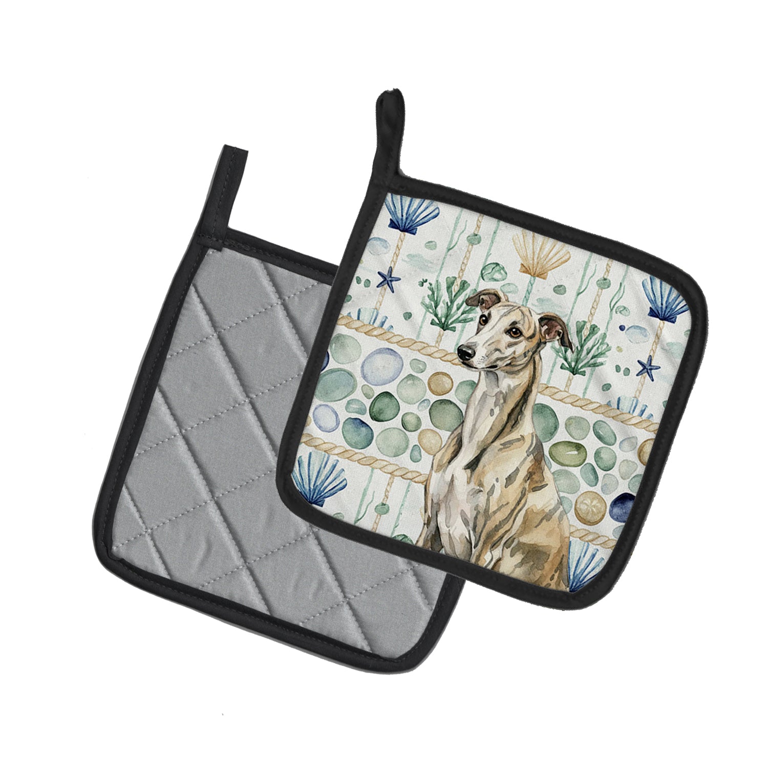 Caroline's Treasures Brindle Whippet Coastal Sea Glass Pair of Pot Holders
