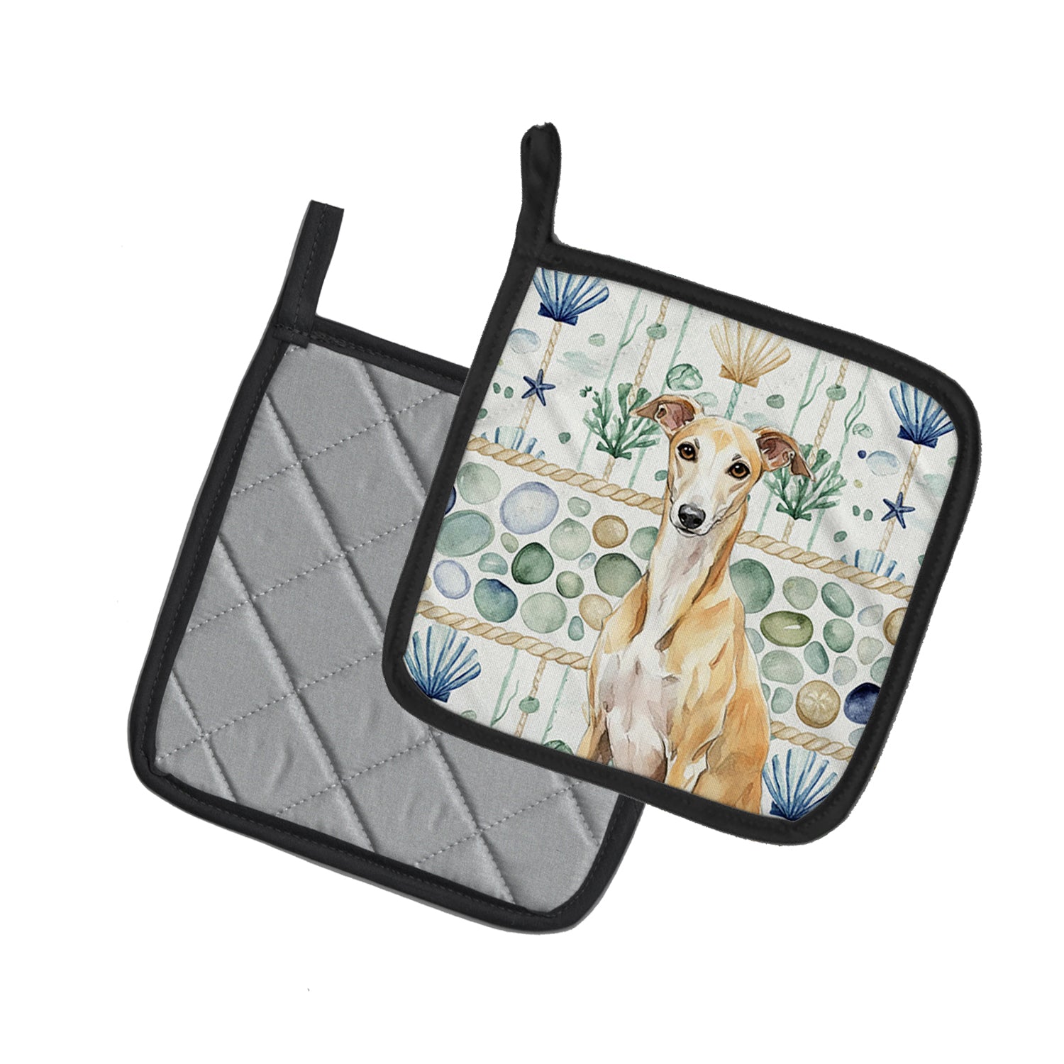 Caroline's Treasures Fawn Whippet Coastal Sea Glass Pair of Pot Holders