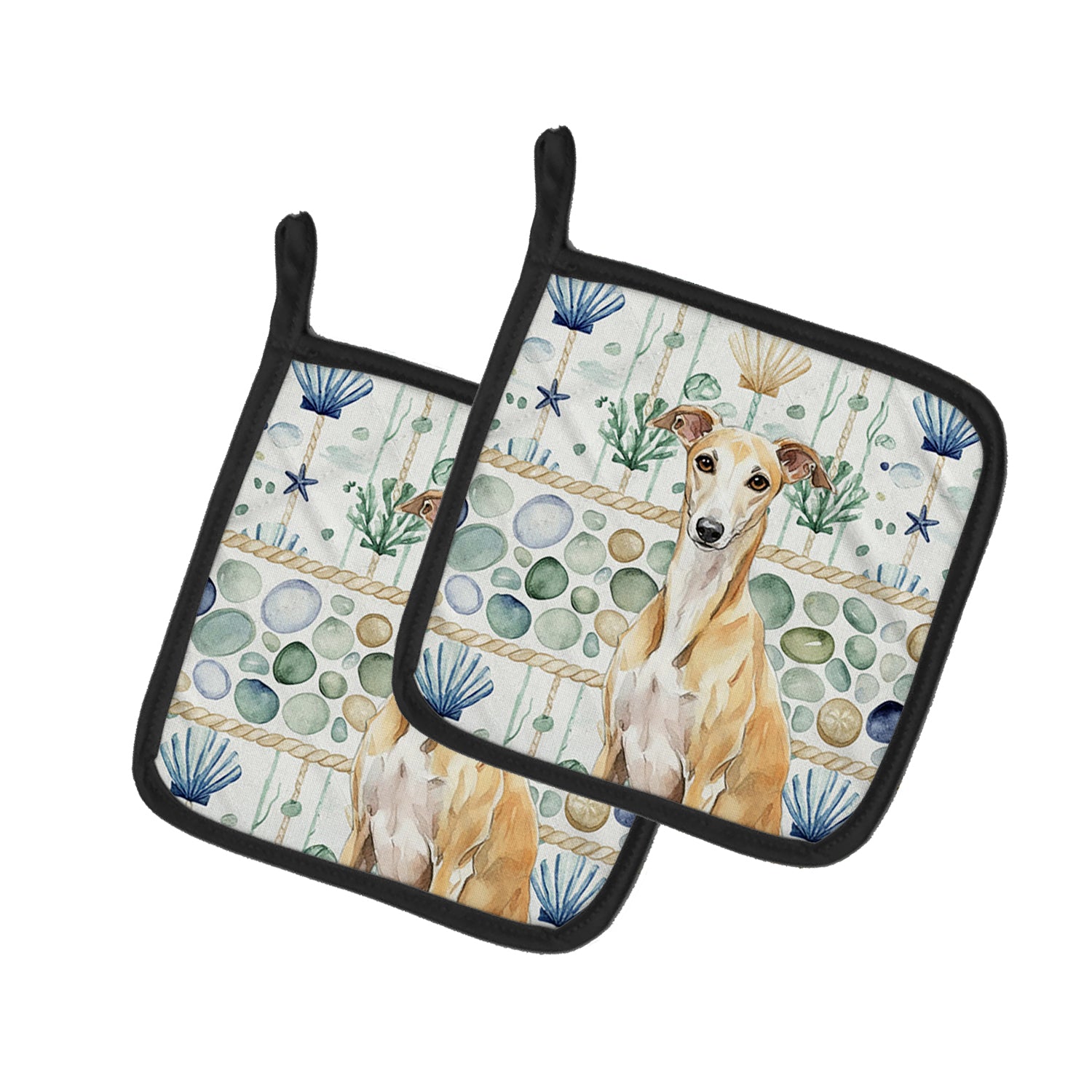 Caroline's Treasures Fawn Whippet Coastal Sea Glass Pair of Pot Holders
