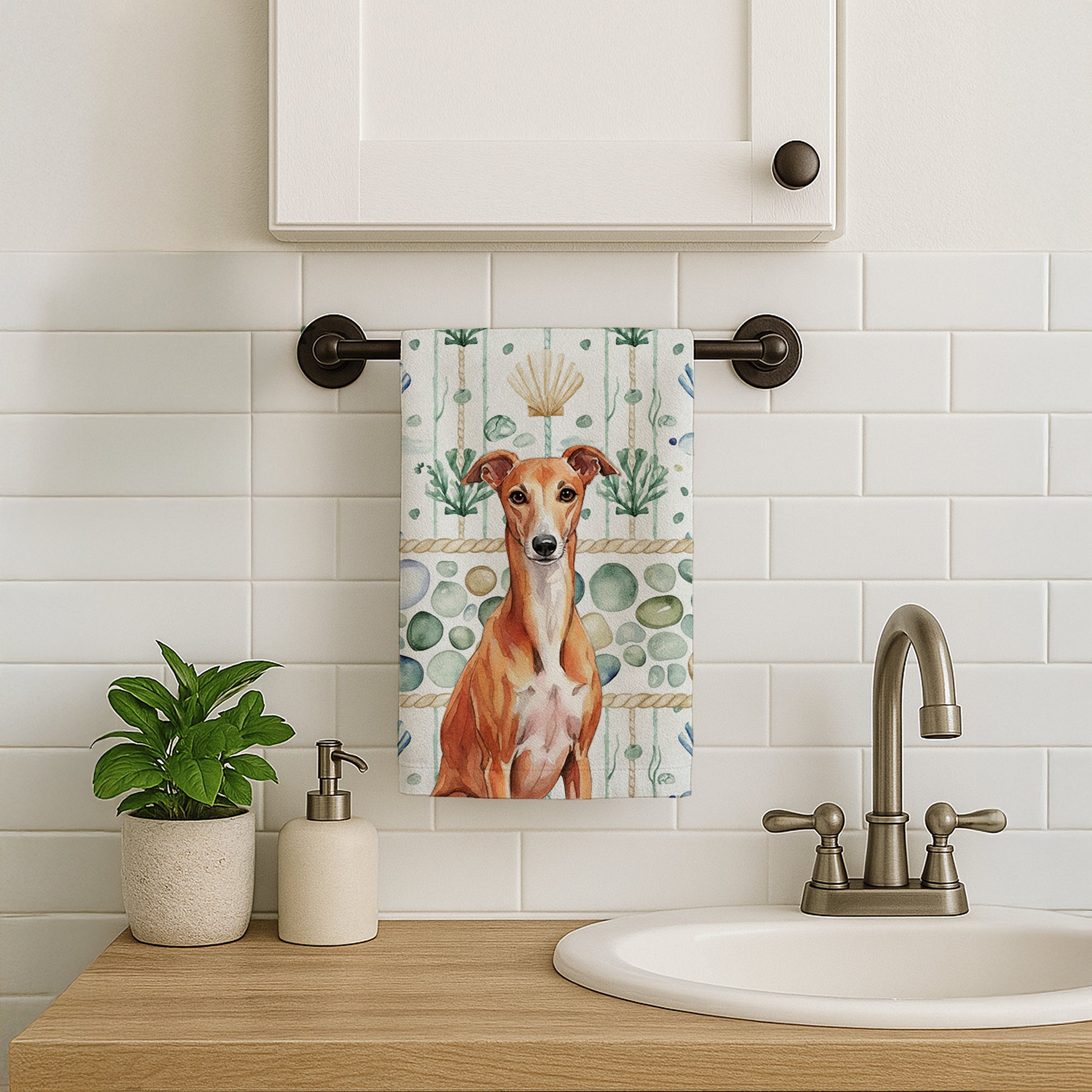 Caroline's Treasures Red Whippet Coastal Sea Glass Kitchen Towel