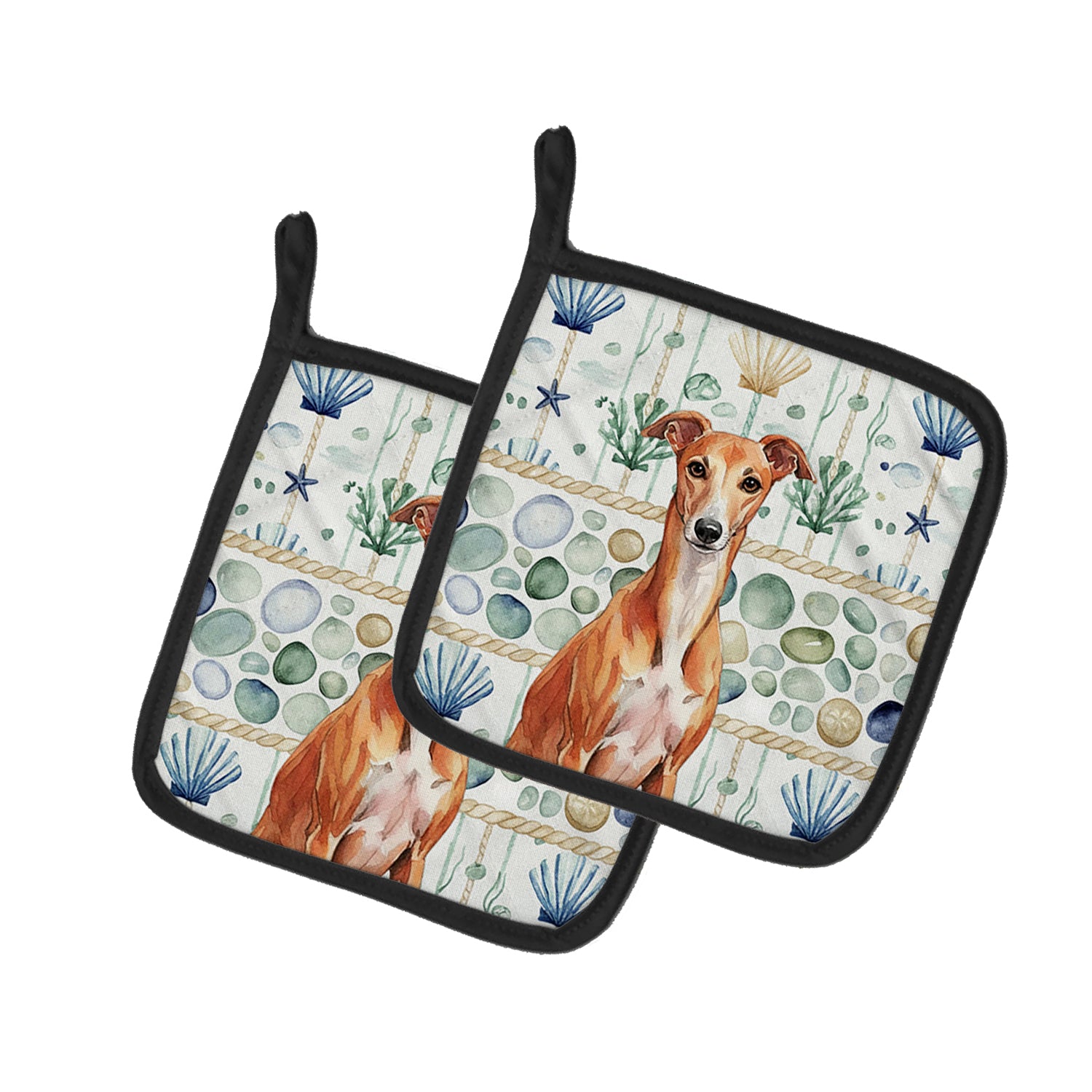 Caroline's Treasures Red Whippet Coastal Sea Glass Pair of Pot Holders