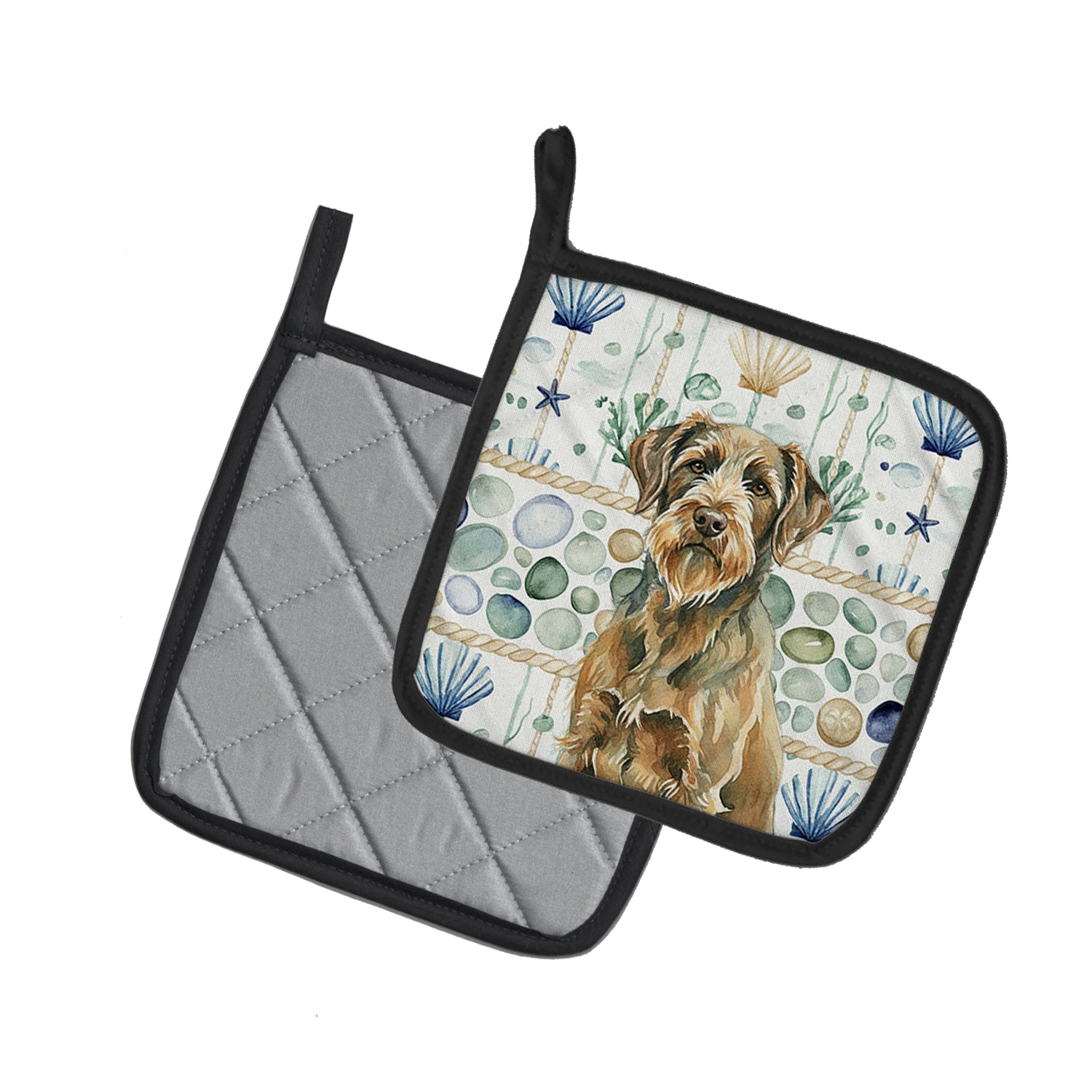 Caroline's Treasures Chestnut Wirehaired Pointing Griffon Coastal Sea Glass Pair of Pot Holders