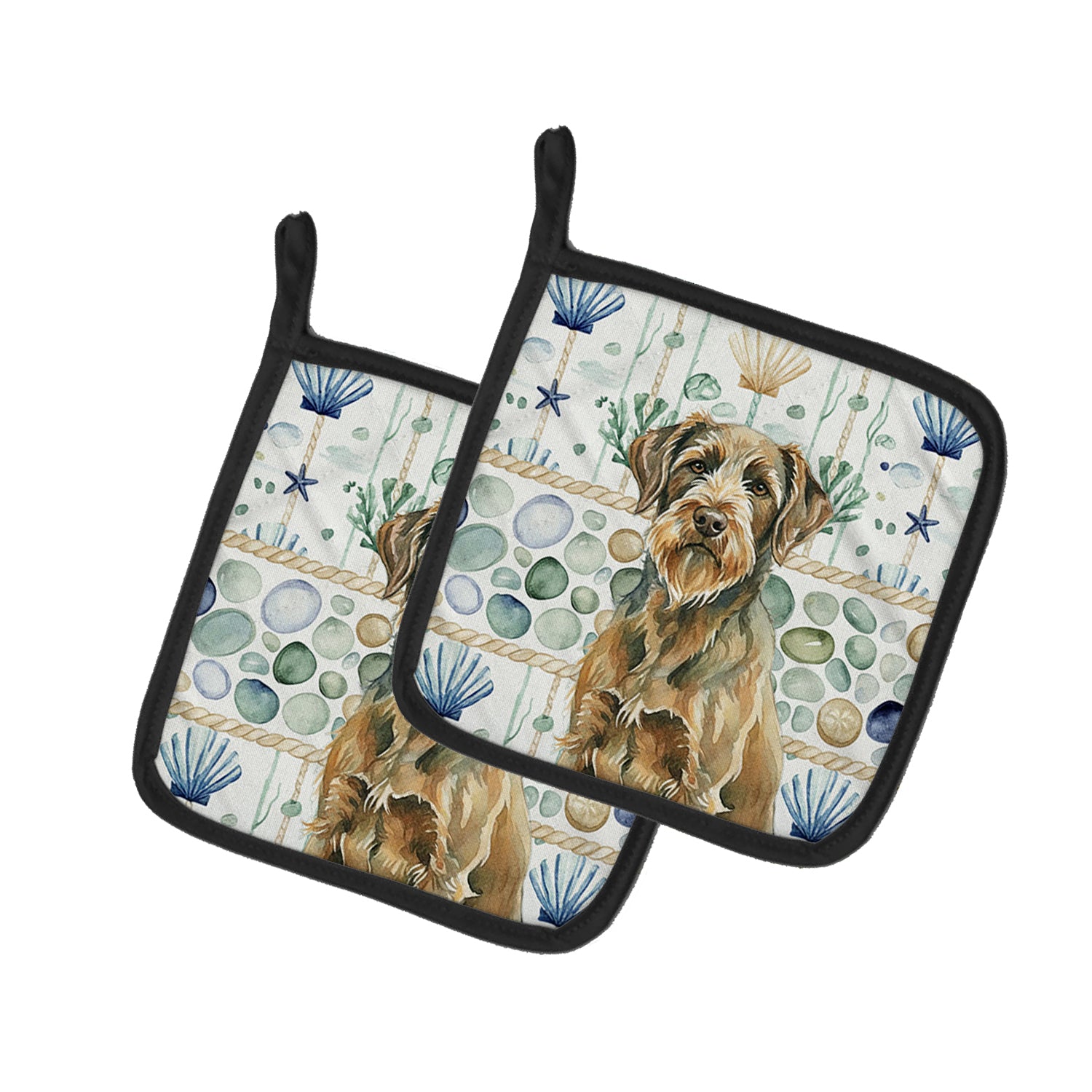 Caroline's Treasures Chestnut Wirehaired Pointing Griffon Coastal Sea Glass Pair of Pot Holders