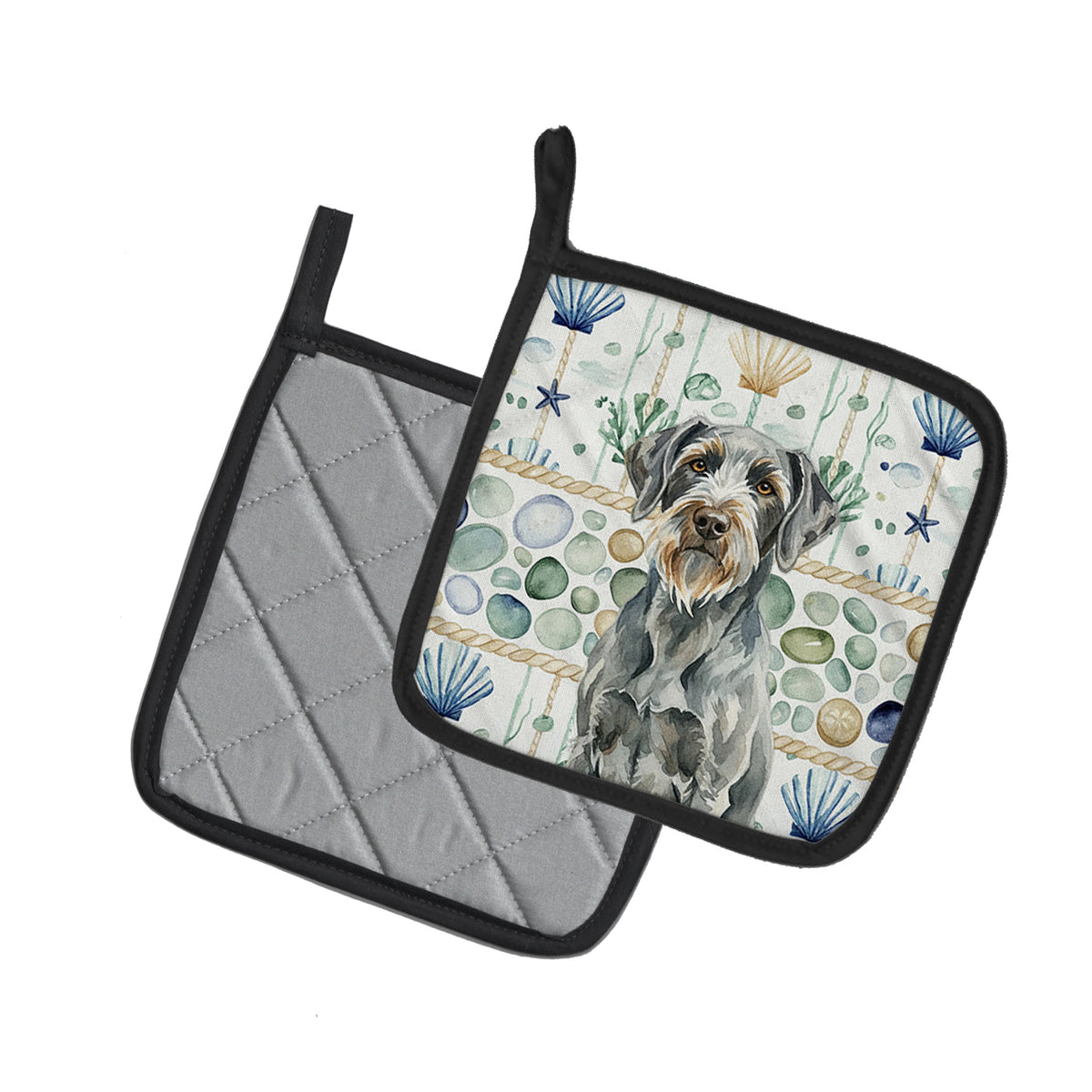 Caroline's Treasures Steel Gray Wirehaired Pointing Griffon Coastal Sea Glass Pair of Pot Holders
