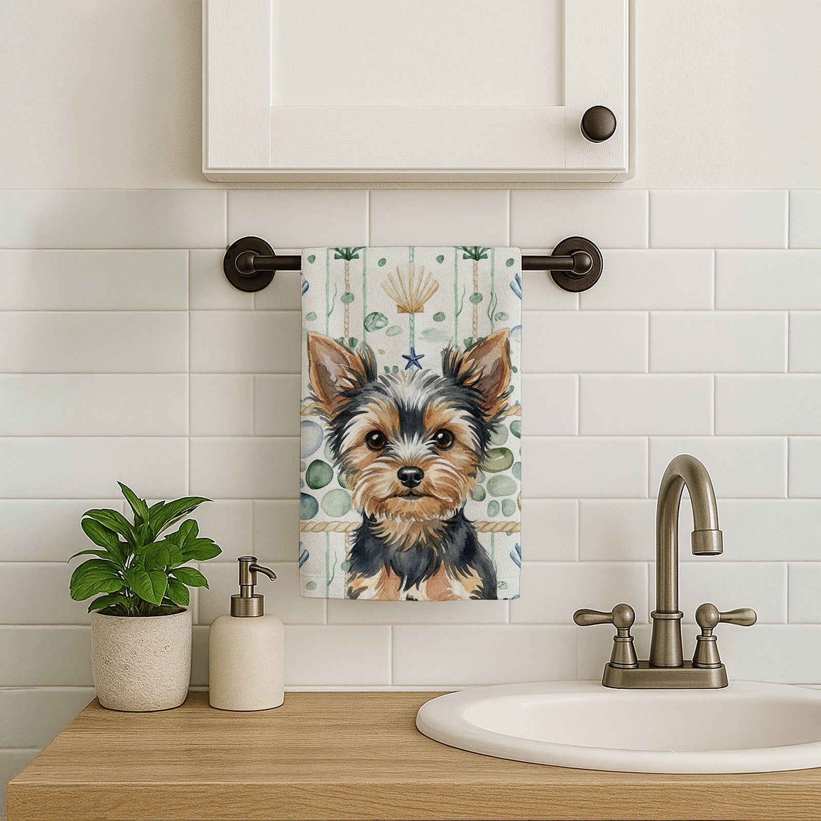 Caroline's Treasures Black and Tan Yorkshire Terrier Coastal Sea Glass Kitchen Towel
