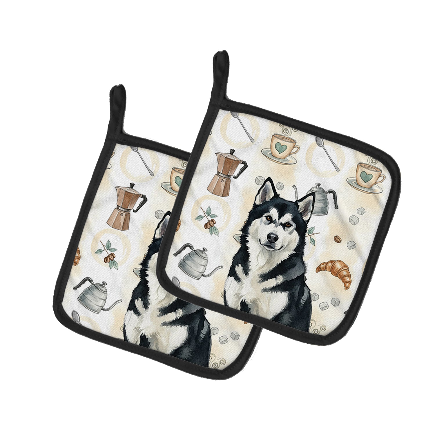 Caroline's Treasures Black and White Alaskan Malamute Coffee Bar Pair of Pot Holders