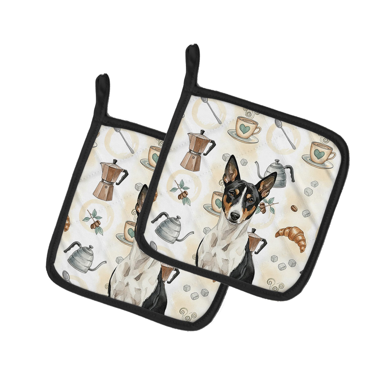Caroline's Treasures Black and White Basenji Coffee Bar Pair of Pot Holders