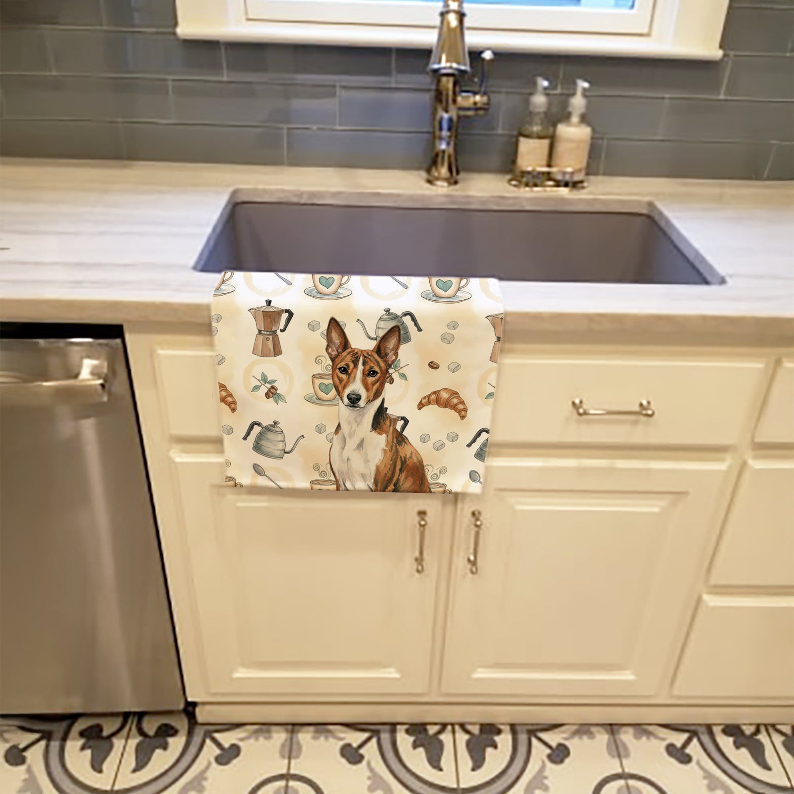 Caroline's Treasures Brindle and White Basenji Coffee Bar Kitchen Towel