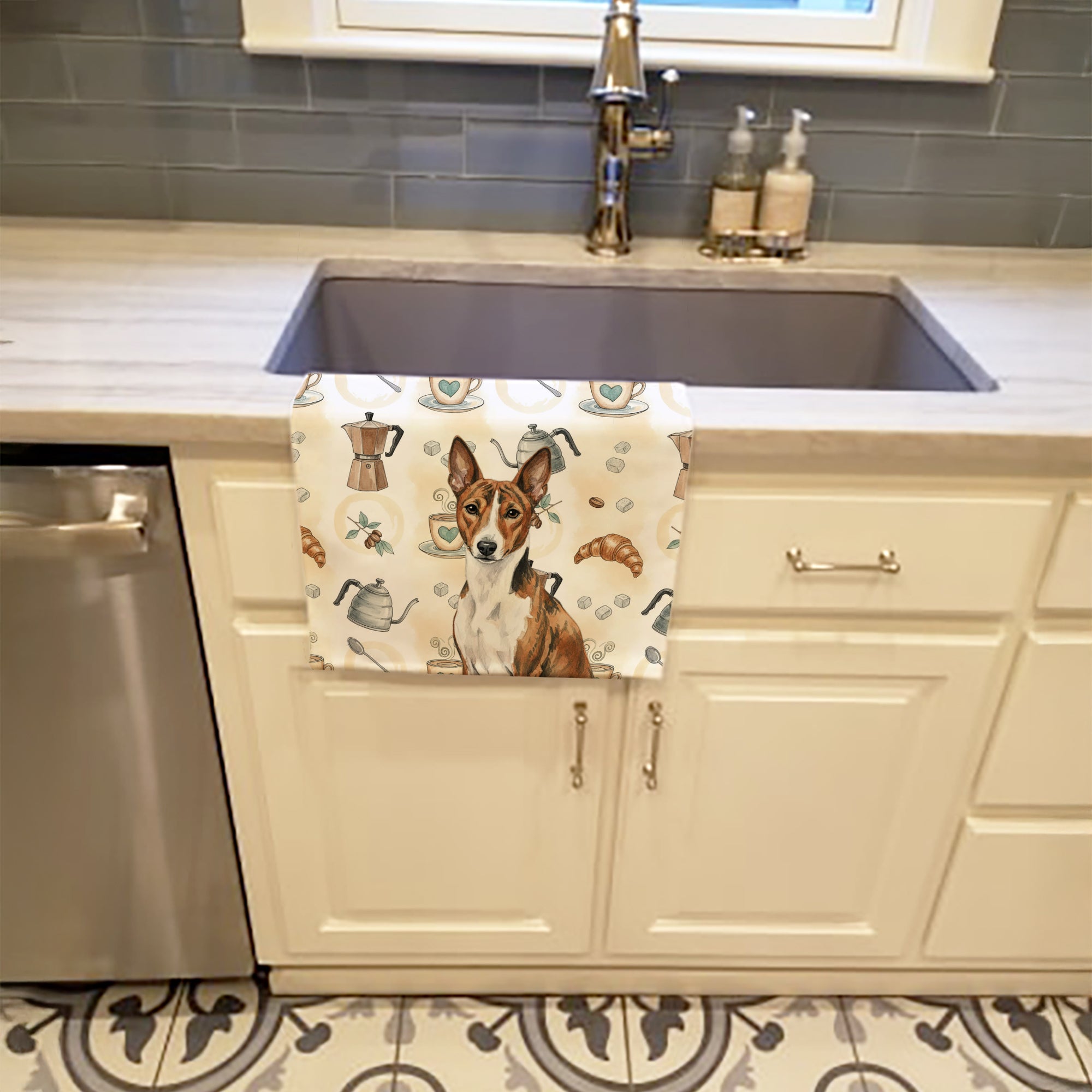 Caroline's Treasures Brindle and White Basenji Coffee Bar Kitchen Towel