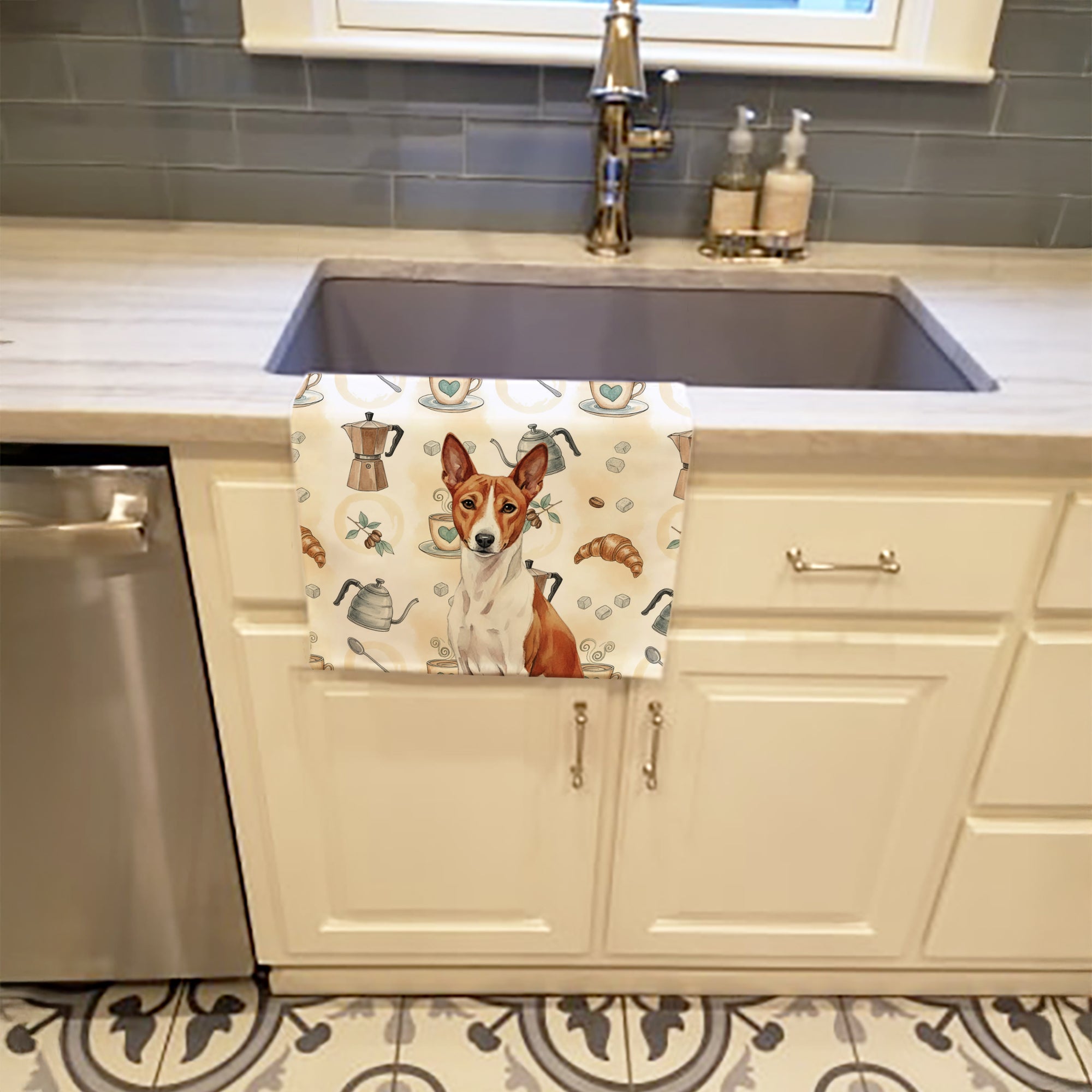 Caroline's Treasures Red and White Basenji Coffee Bar Kitchen Towel