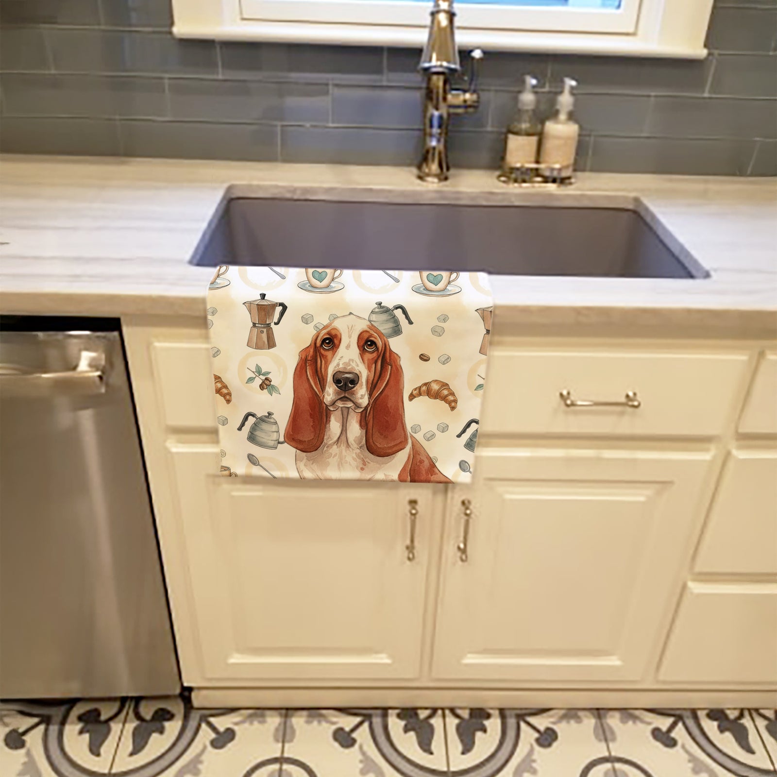 Caroline's Treasures Red and White Basset Hound Coffee Bar Kitchen Towel