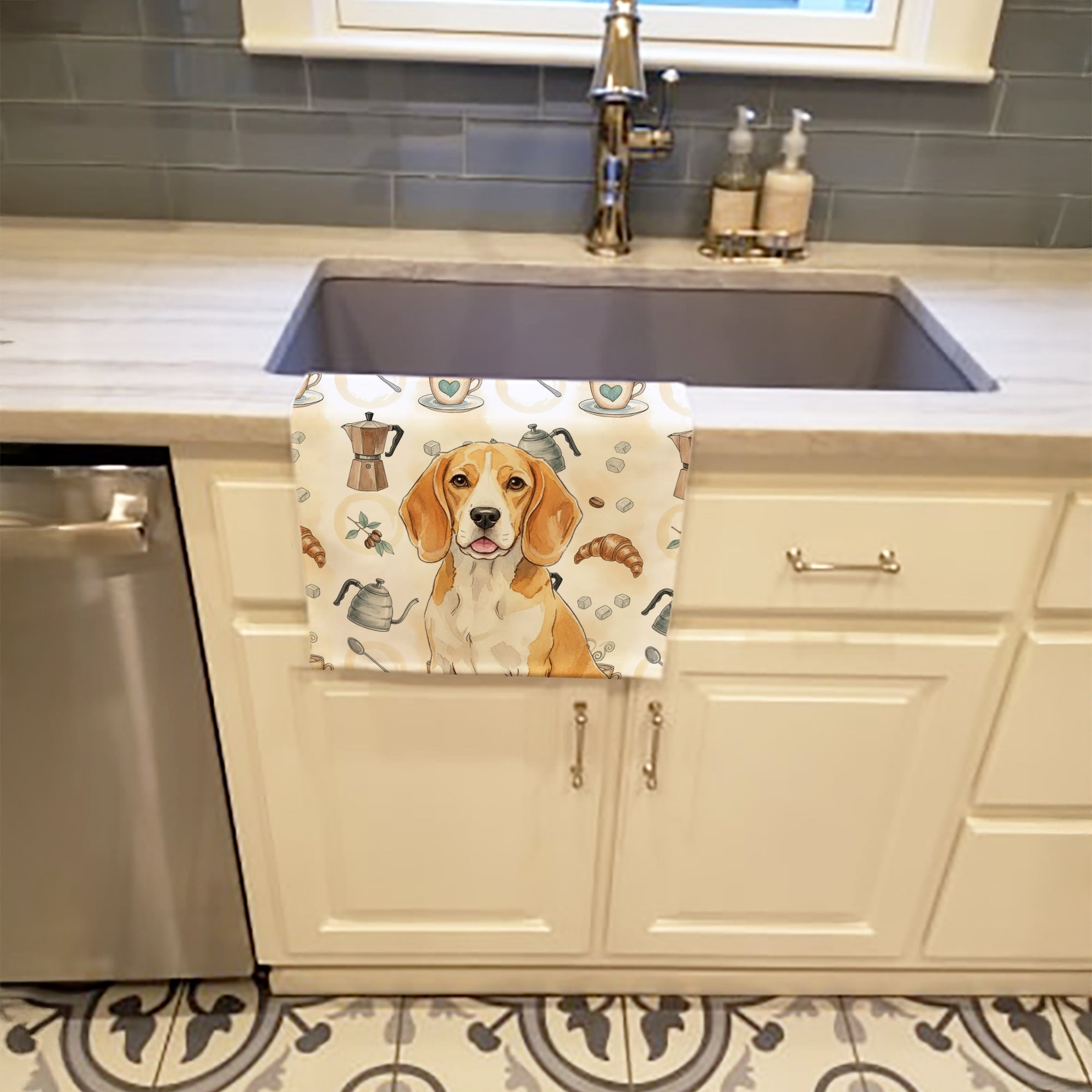 Caroline's Treasures Lemon and White Beagle Coffee Bar Kitchen Towel