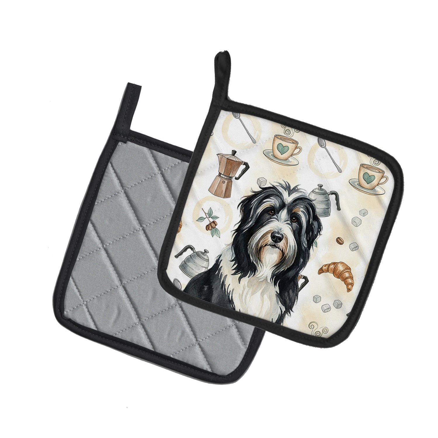 Caroline's Treasures Black Bearded Collie Coffee Bar Pair of Pot Holders