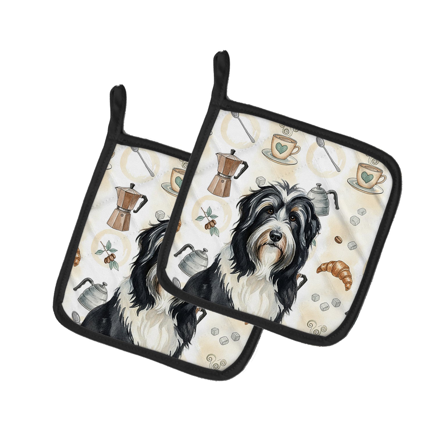 Caroline's Treasures Black Bearded Collie Coffee Bar Pair of Pot Holders