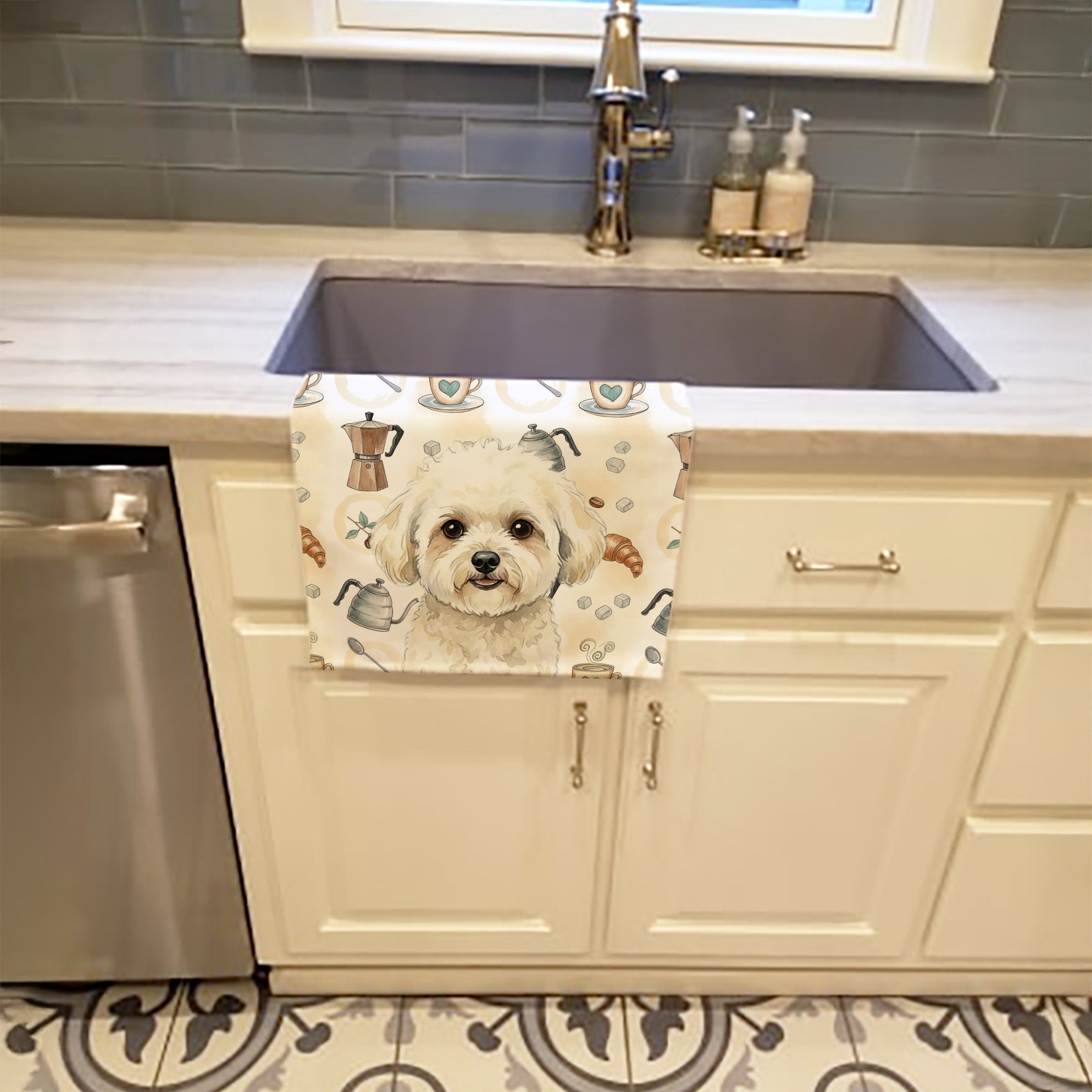 Caroline's Treasures White and Cream Bichon Frise Coffee Bar Kitchen Towel