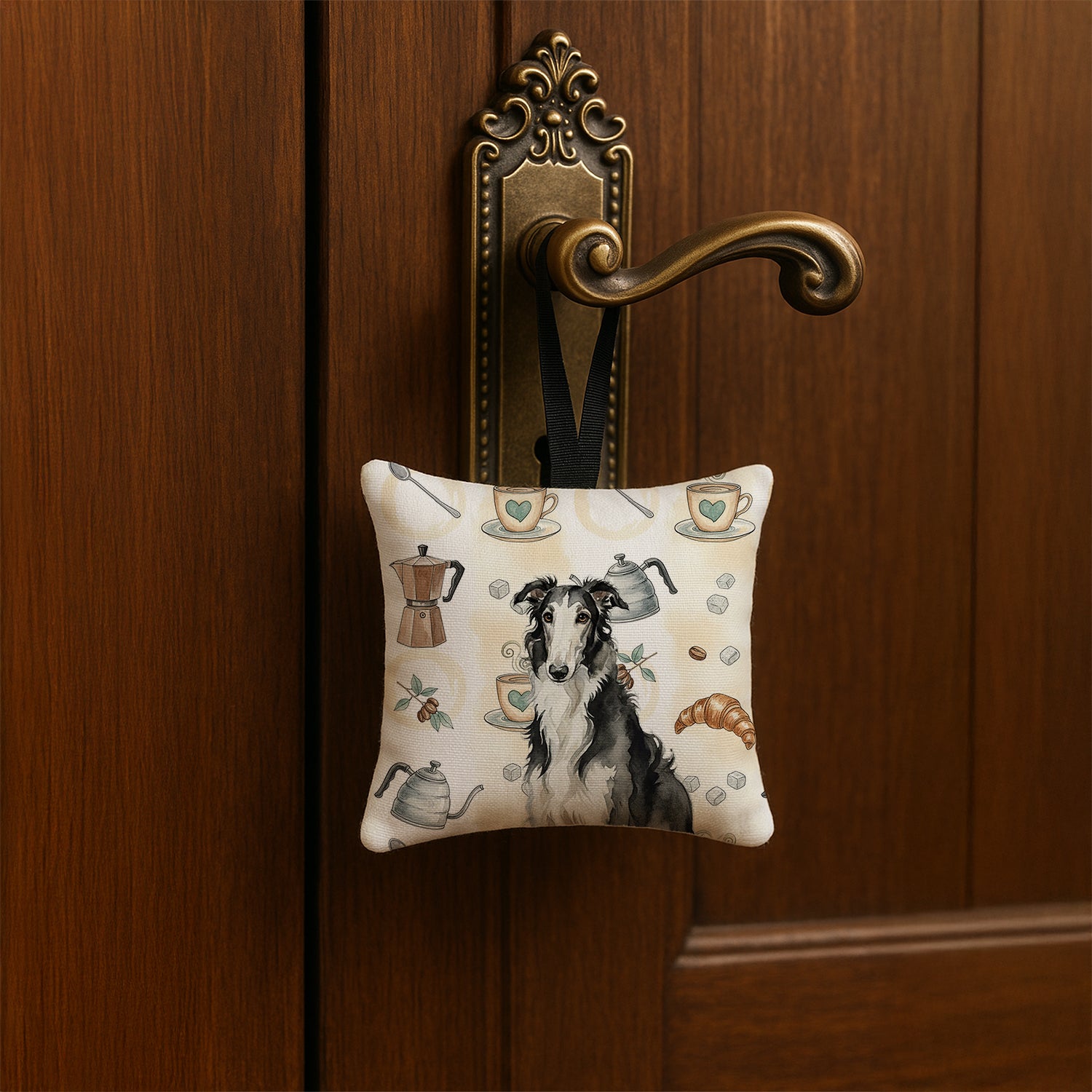 Caroline's Treasures Black and White Borzoi Coffee Bar Hanging Square Fabric Ornament 3.5 × 3.5