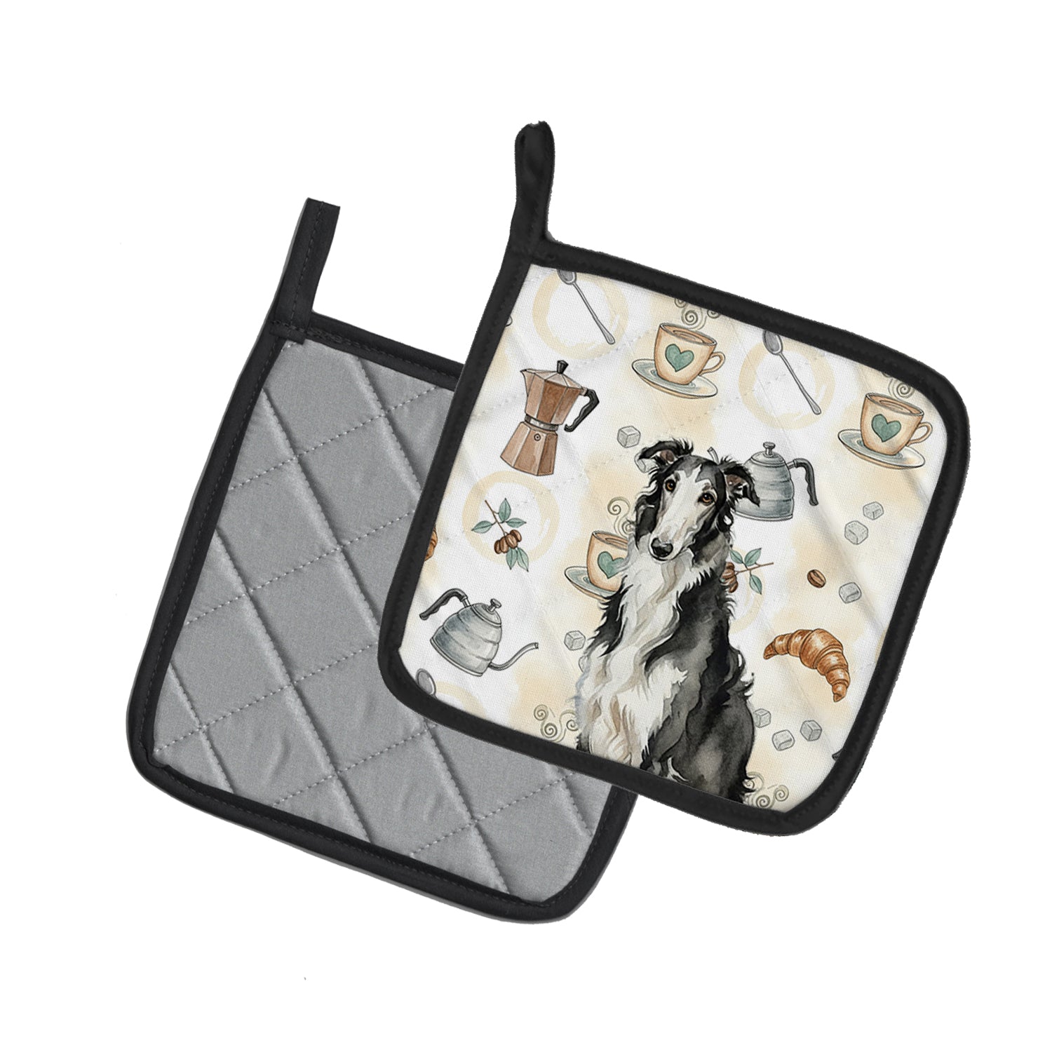 Caroline's Treasures Black and White Borzoi Coffee Bar Pair of Pot Holders