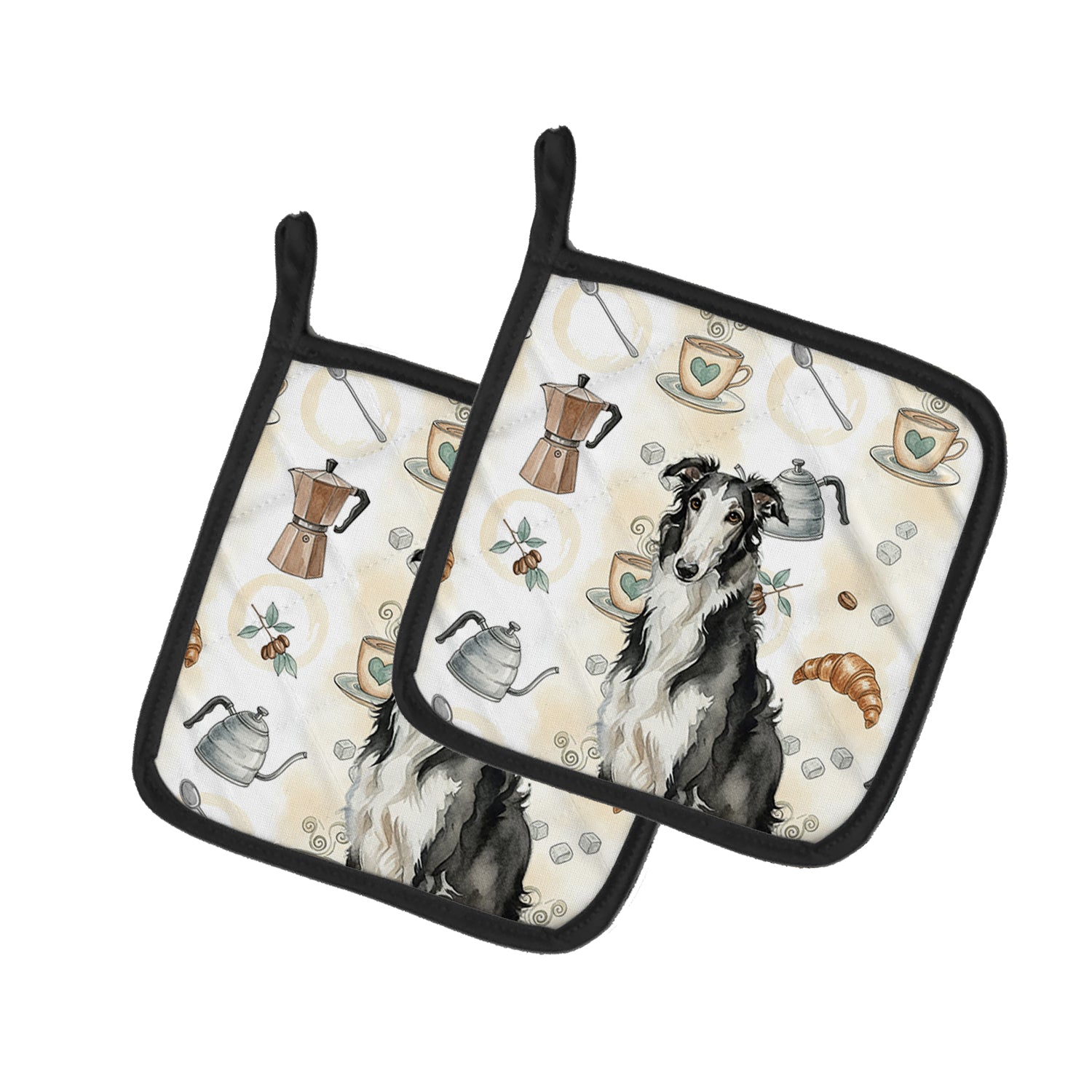 Caroline's Treasures Black and White Borzoi Coffee Bar Pair of Pot Holders