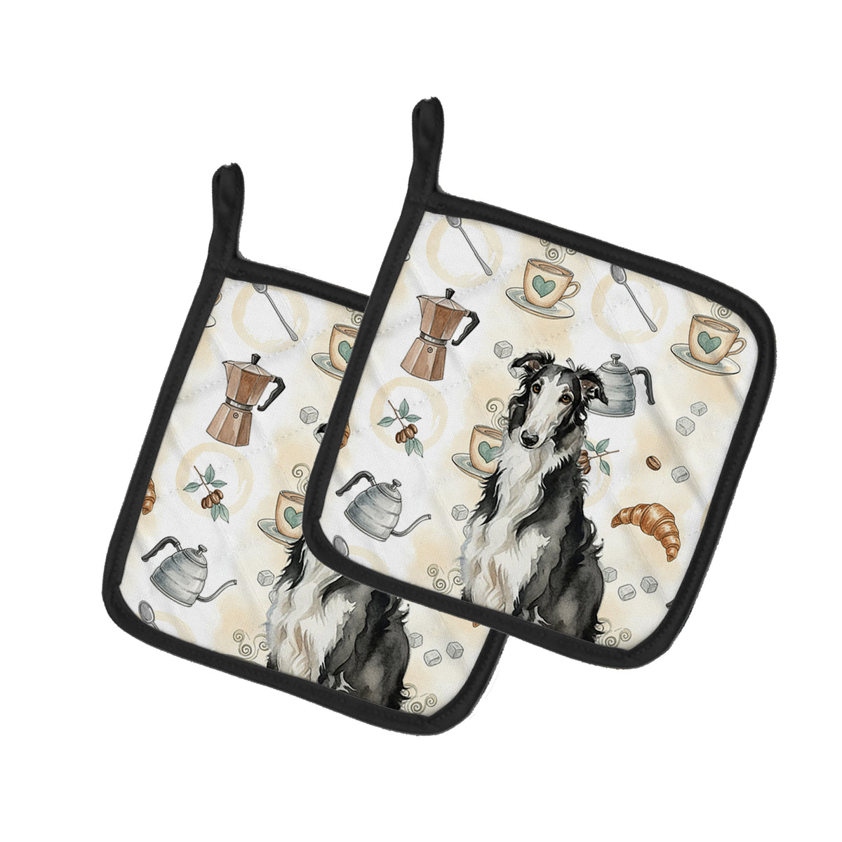 Caroline's Treasures Black and White Borzoi Coffee Bar Pair of Pot Holders