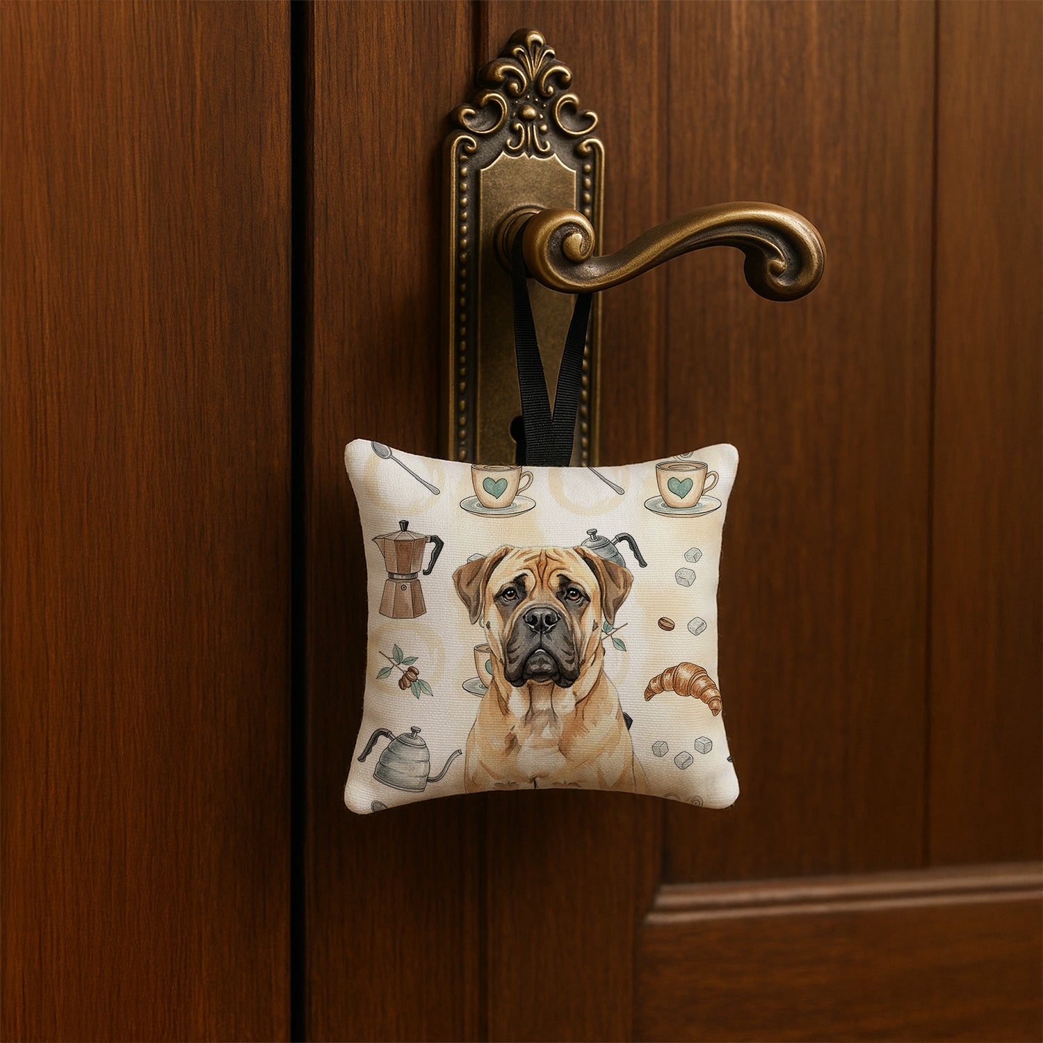 Caroline's Treasures Bullmastiff Coffee Bar Hanging Square Fabric Ornament 3.5 × 3.5