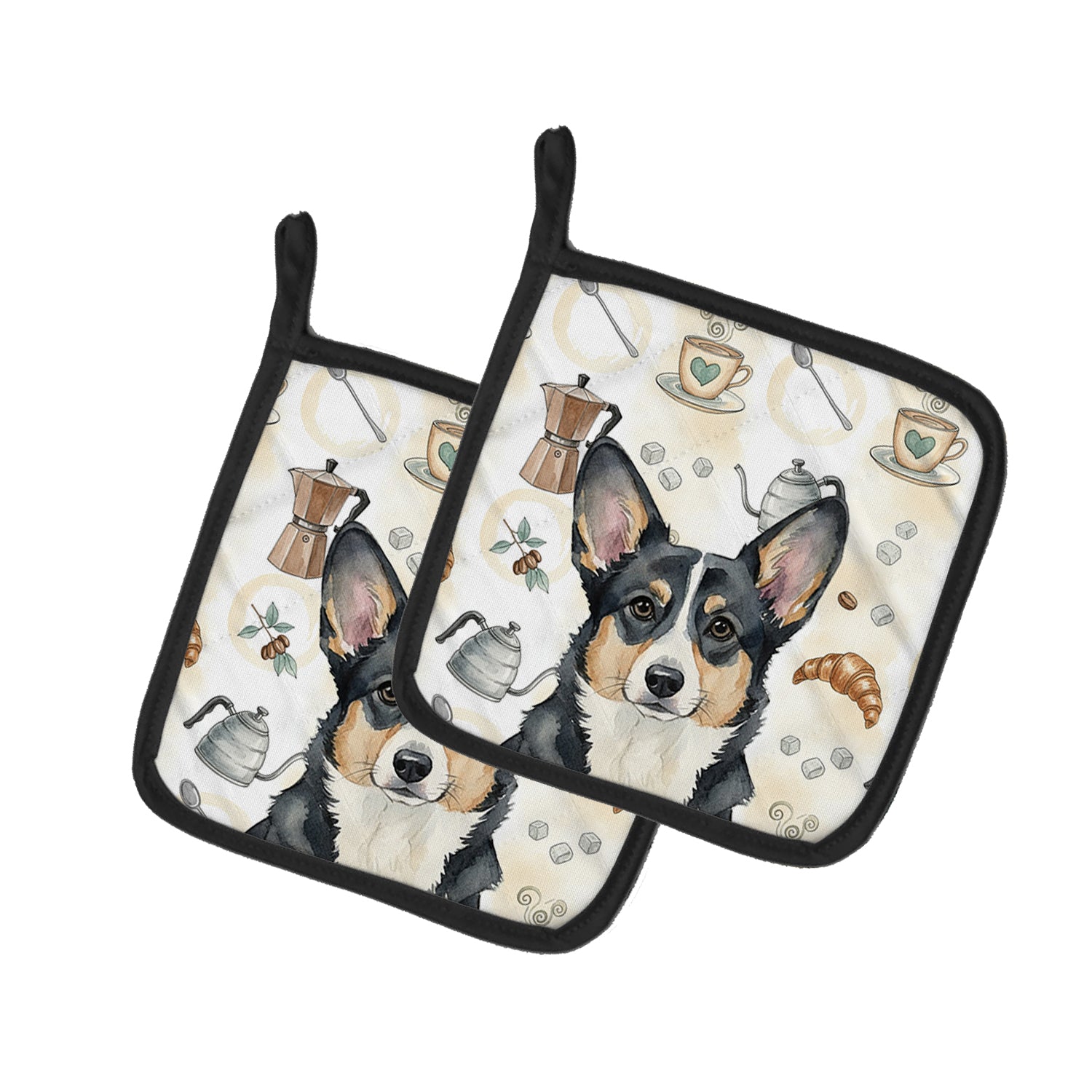 Caroline's Treasures Black and White Cardigan Welsh Corgi Coffee Bar Pair of Pot Holders