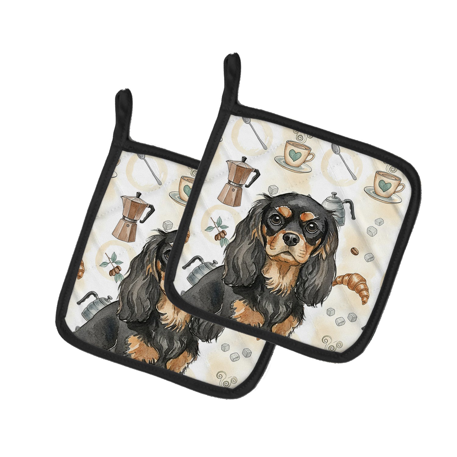 Caroline's Treasures Black and Tan Cavalier Spaniel Coffee Bar Pair of Pot Holders