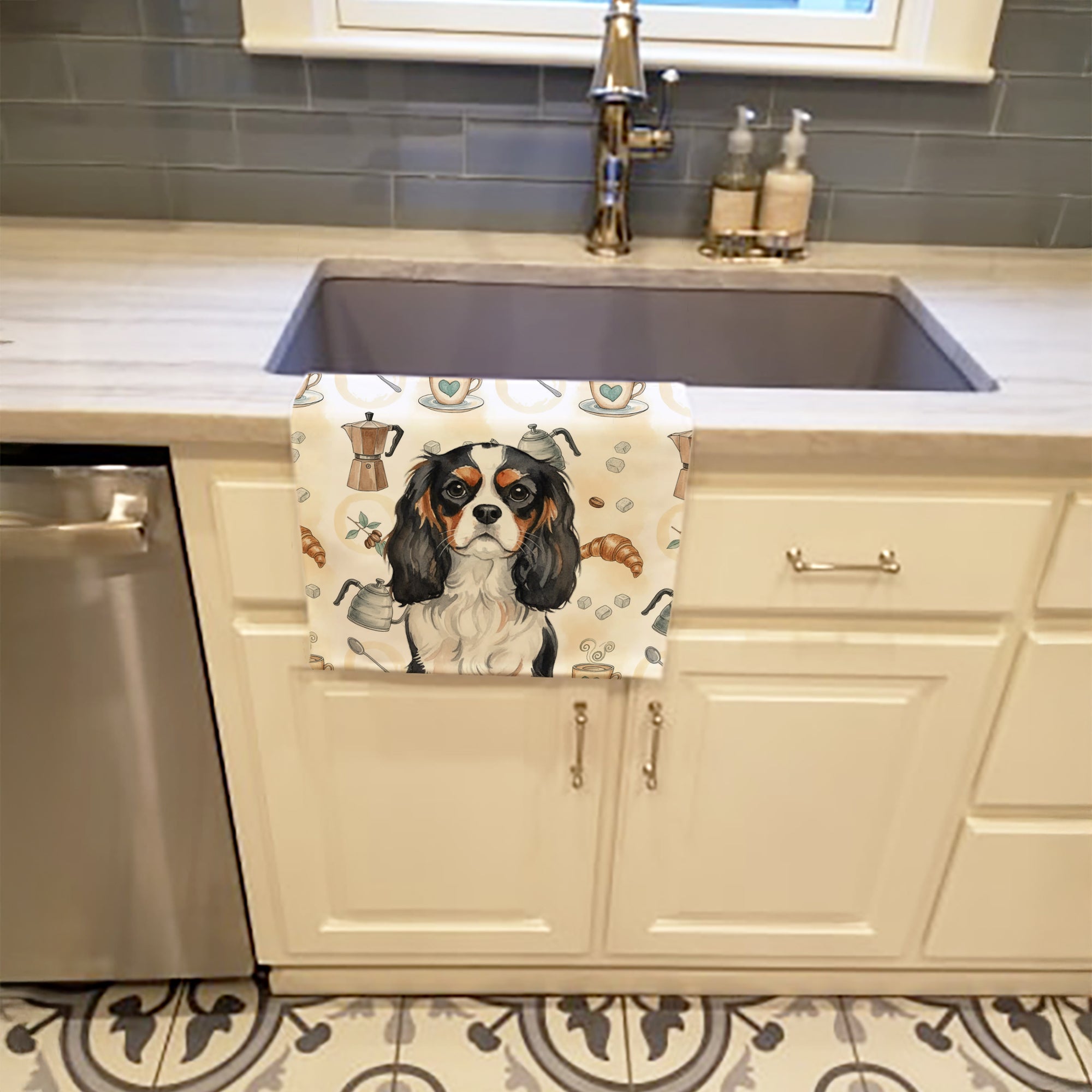 Caroline's Treasures Tricolor Cavalier Spaniel Coffee Bar Kitchen Towel