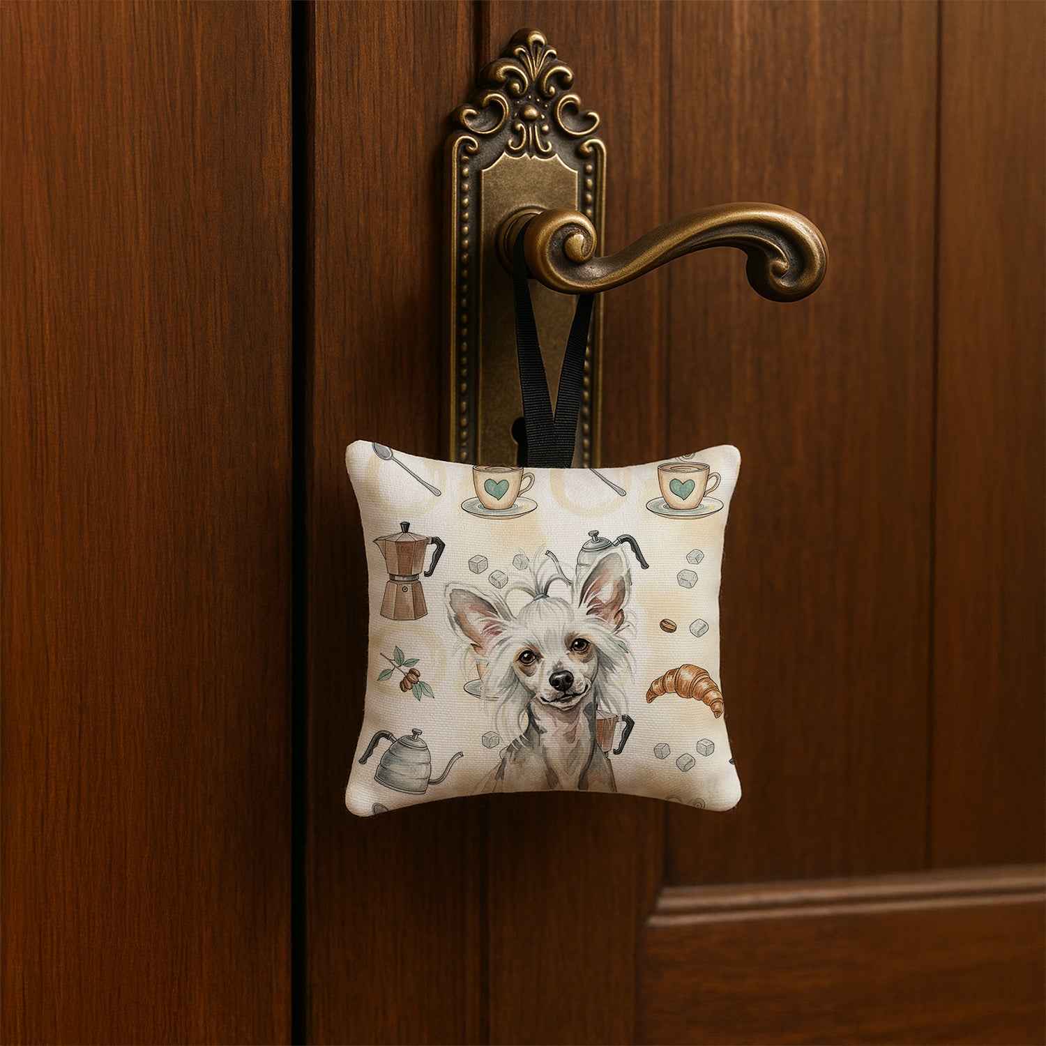 Caroline's Treasures Hairless Mottled Pattern Chinese Crested Coffee Bar Hanging Square Fabric Ornament 3.5 × 3.5