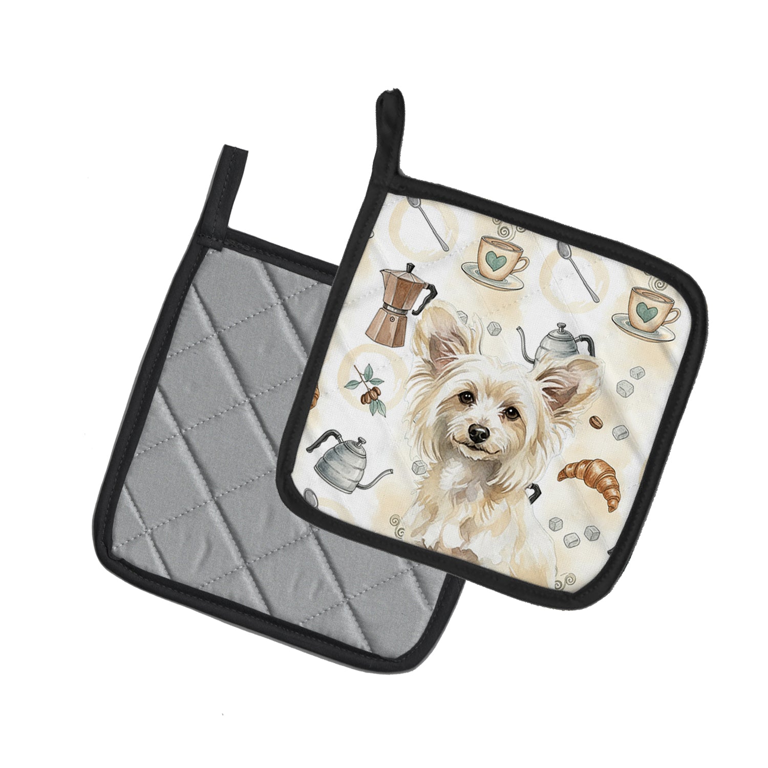 Caroline's Treasures Powderpuff Chinese Crested Coffee Bar Pair of Pot Holders