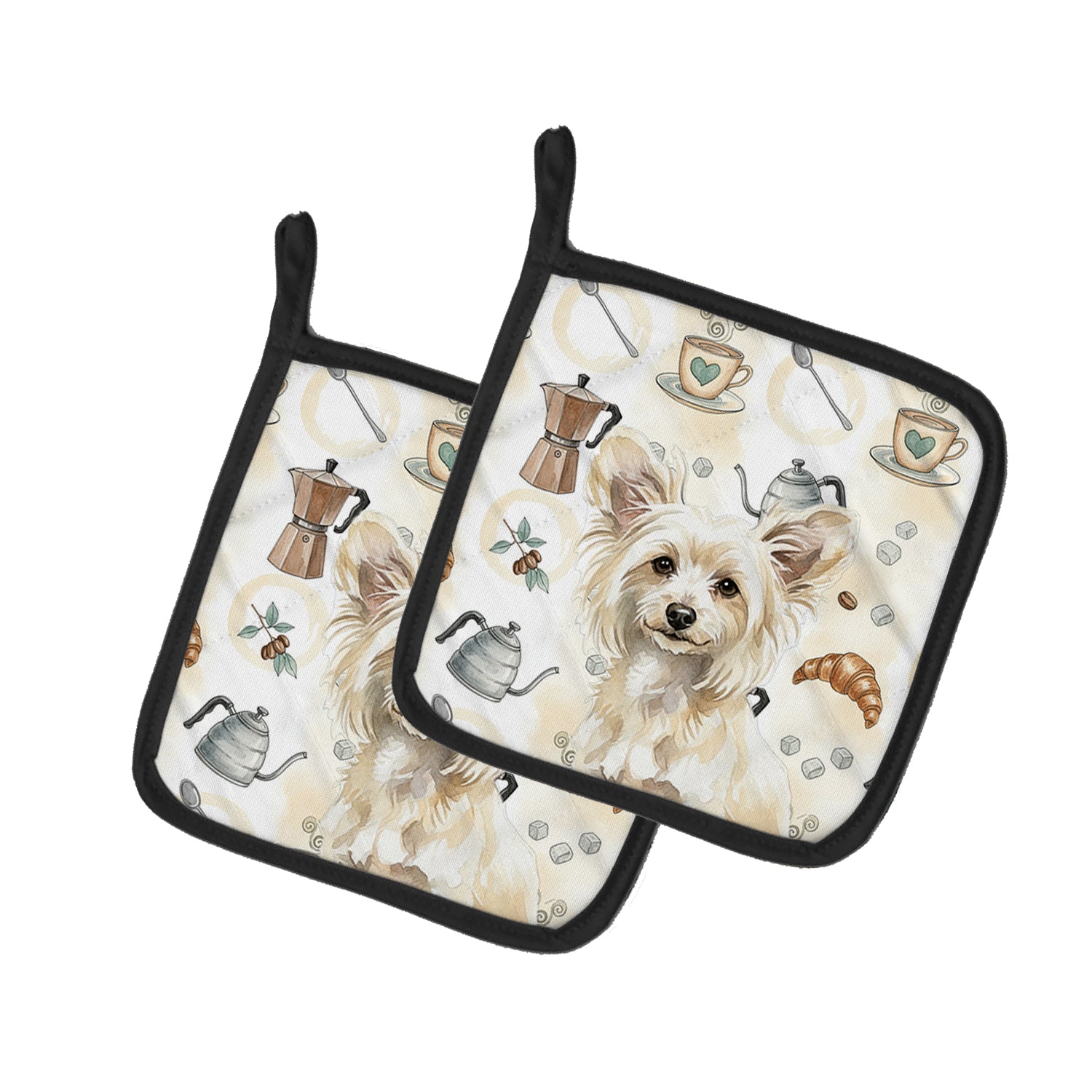 Caroline's Treasures Powderpuff Chinese Crested Coffee Bar Pair of Pot Holders