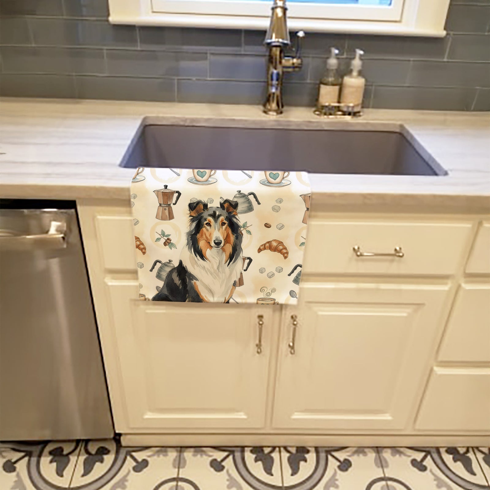 Caroline's Treasures Tricolor Collie Coffee Bar Kitchen Towel