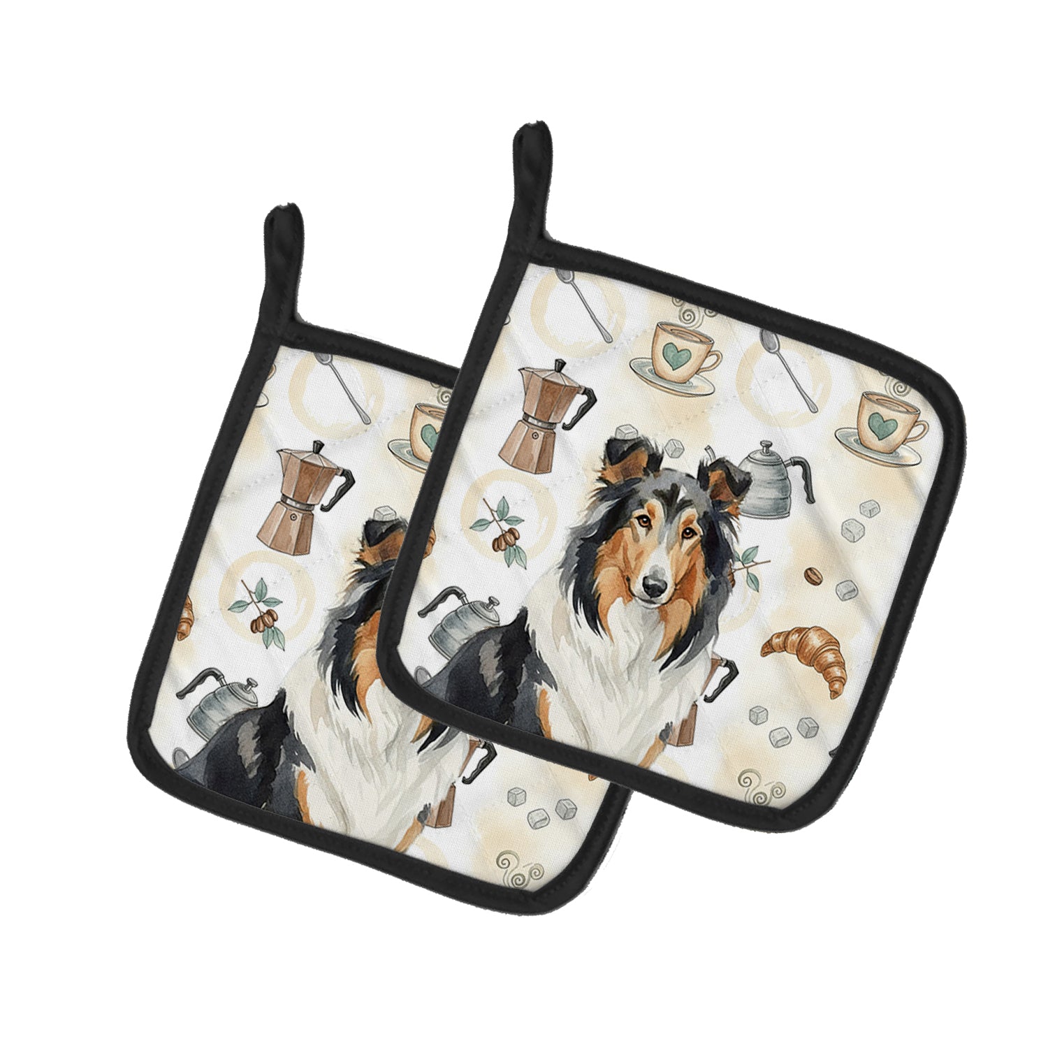 Caroline's Treasures Tricolor Collie Coffee Bar Pair of Pot Holders