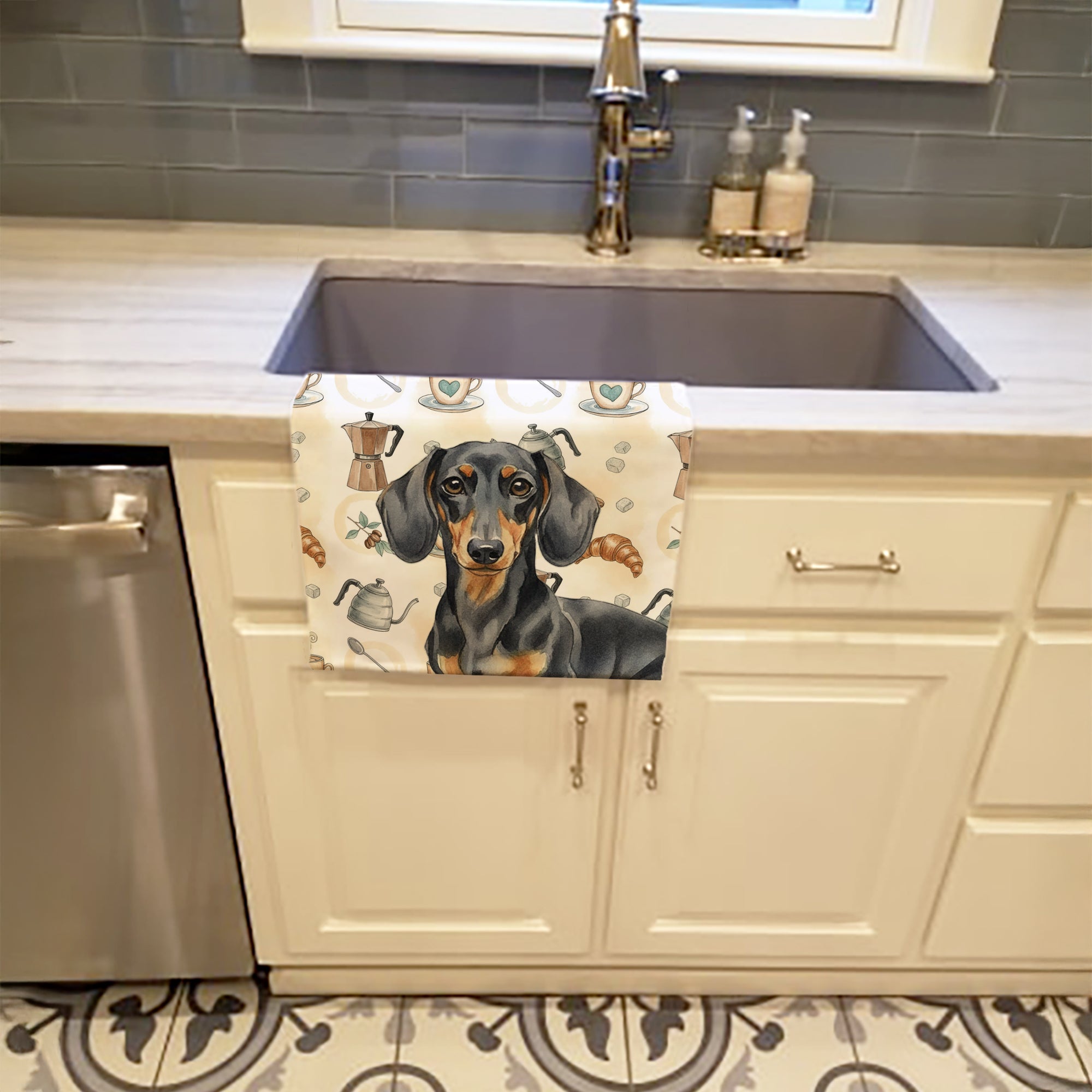 Caroline's Treasures Black and Tan Dachshund Coffee Bar Kitchen Towel
