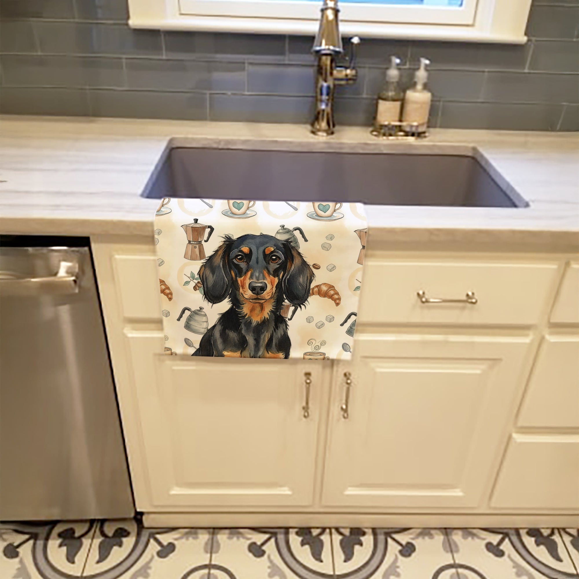Caroline's Treasures Longhaired Black and Tan Dachshund Coffee Bar Kitchen Towel